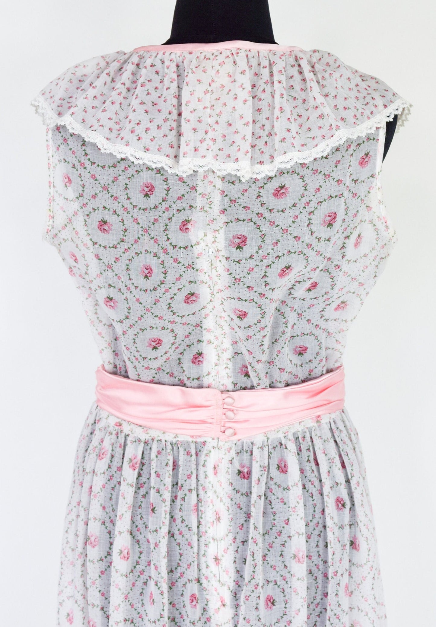 1970s White Pink Floral Print Maxi Dress, Small