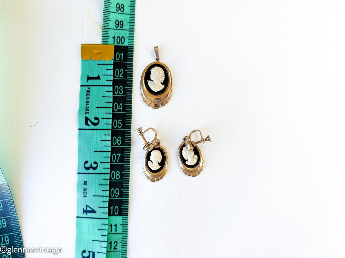 1950s Black & White Lucite Cameo Jewelry Set with Pendant & Earrings