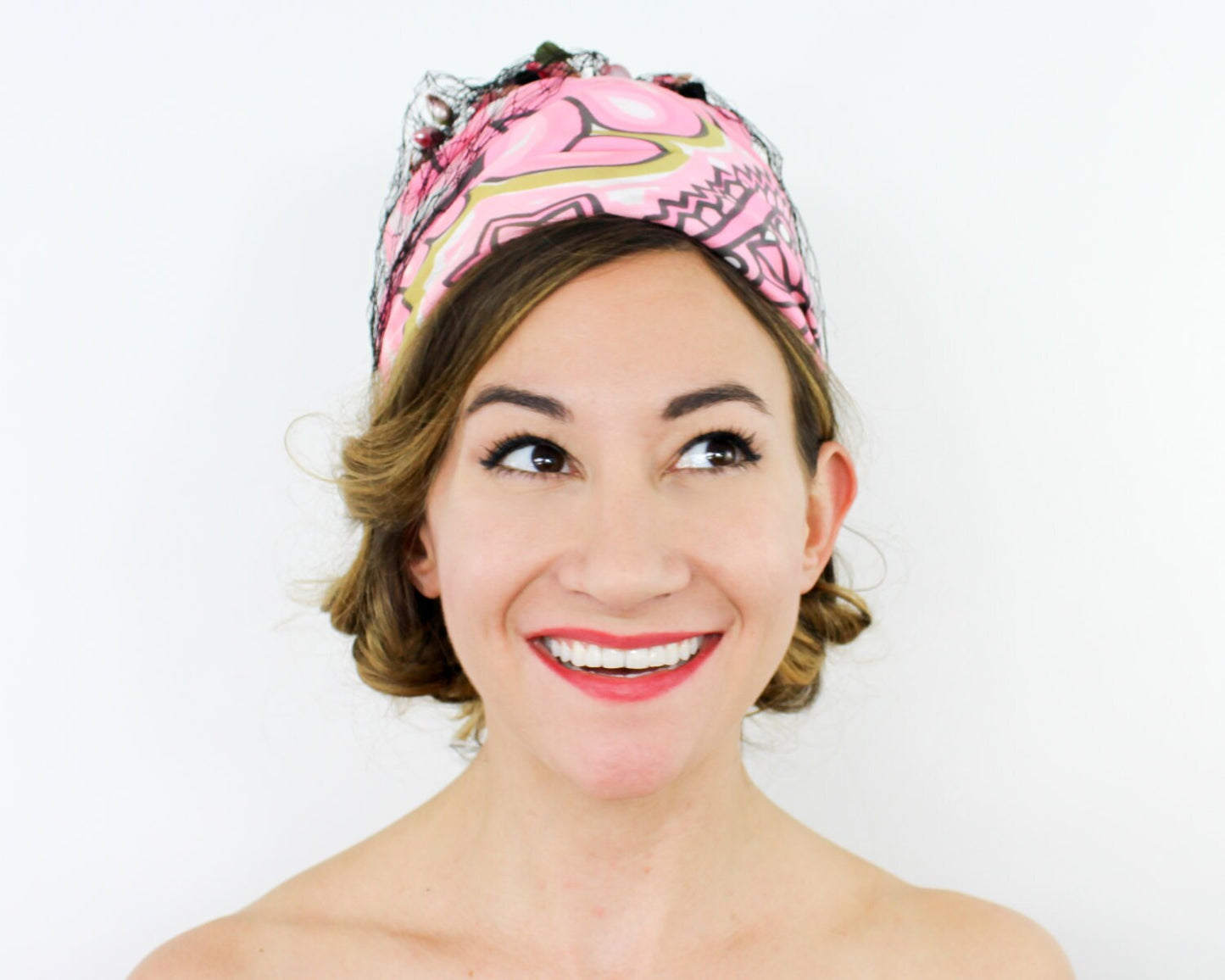 1960s Pink Print Turban Hat