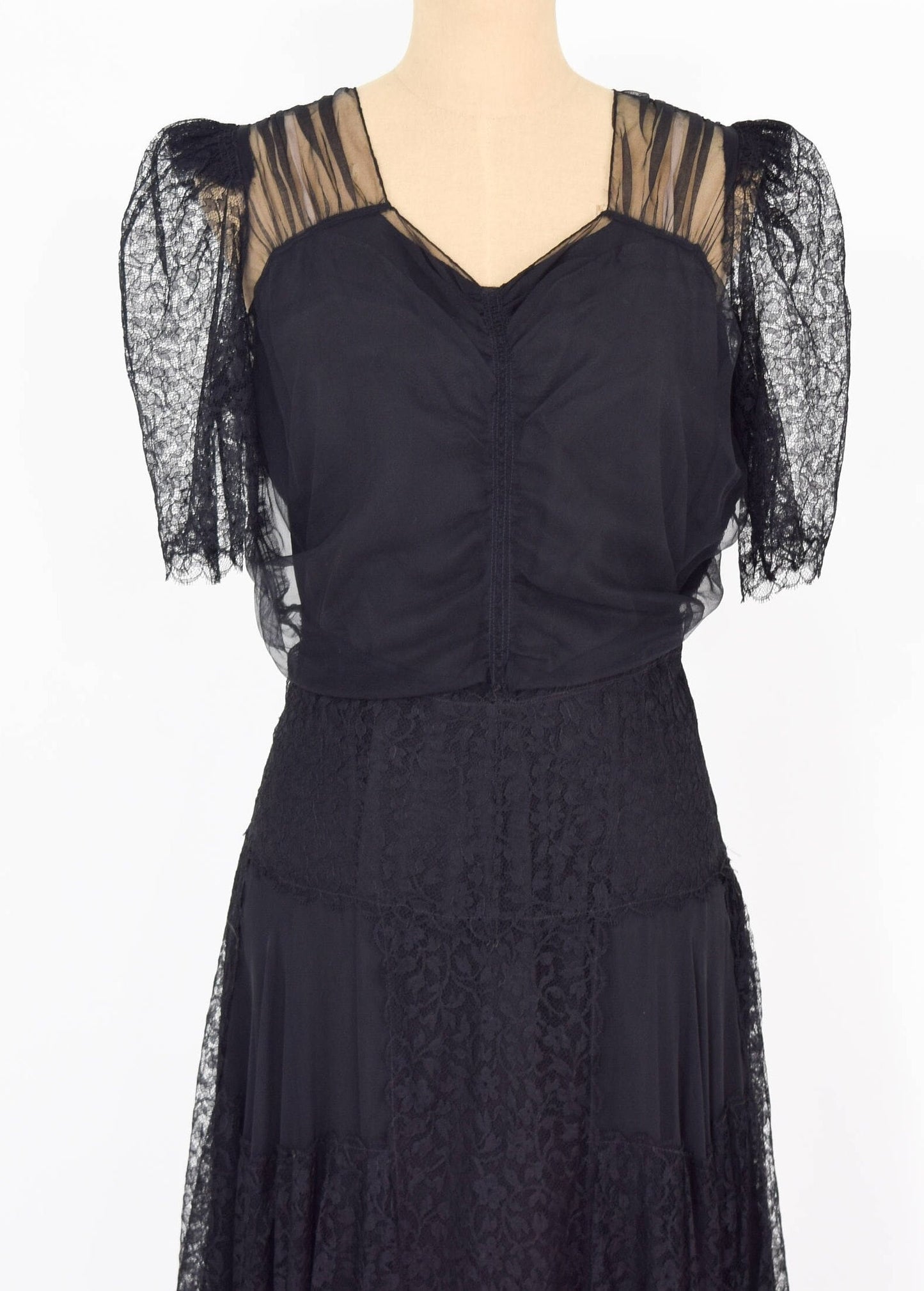 1940s Vintage Black Chiffon & Lace Evening Dress, Extra Large