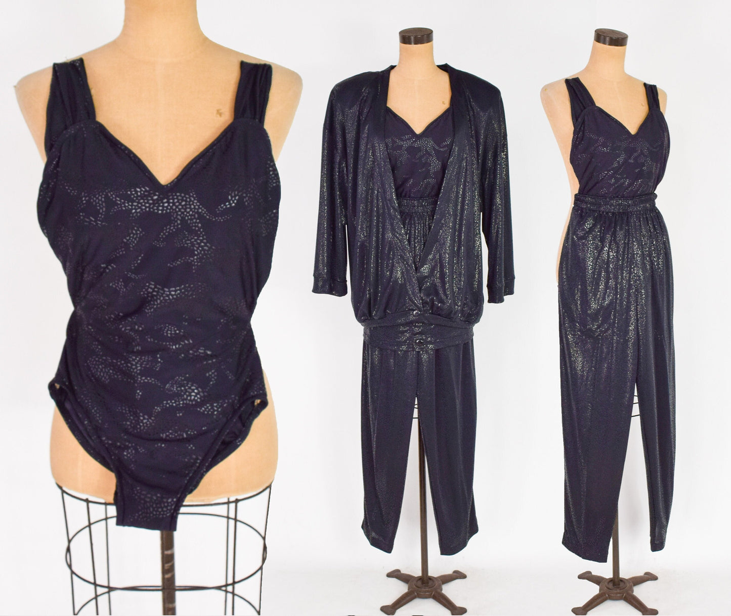 1980s Black Swimsuit Set, Jacket Slacks & Bathing Suit, Large