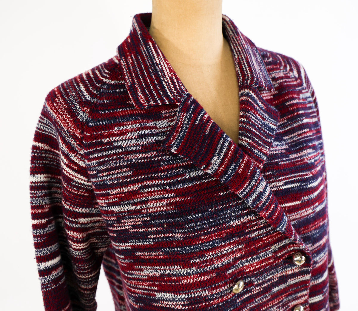 1970s Red Blue Striped Knit Cardigan Jacket by I. Magnin Double, Large