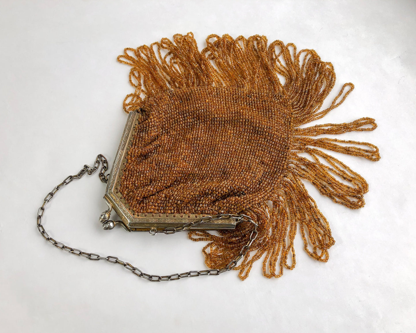 1900s Gold Beaded Evening Handbag | Gold Loop Fringe Bag