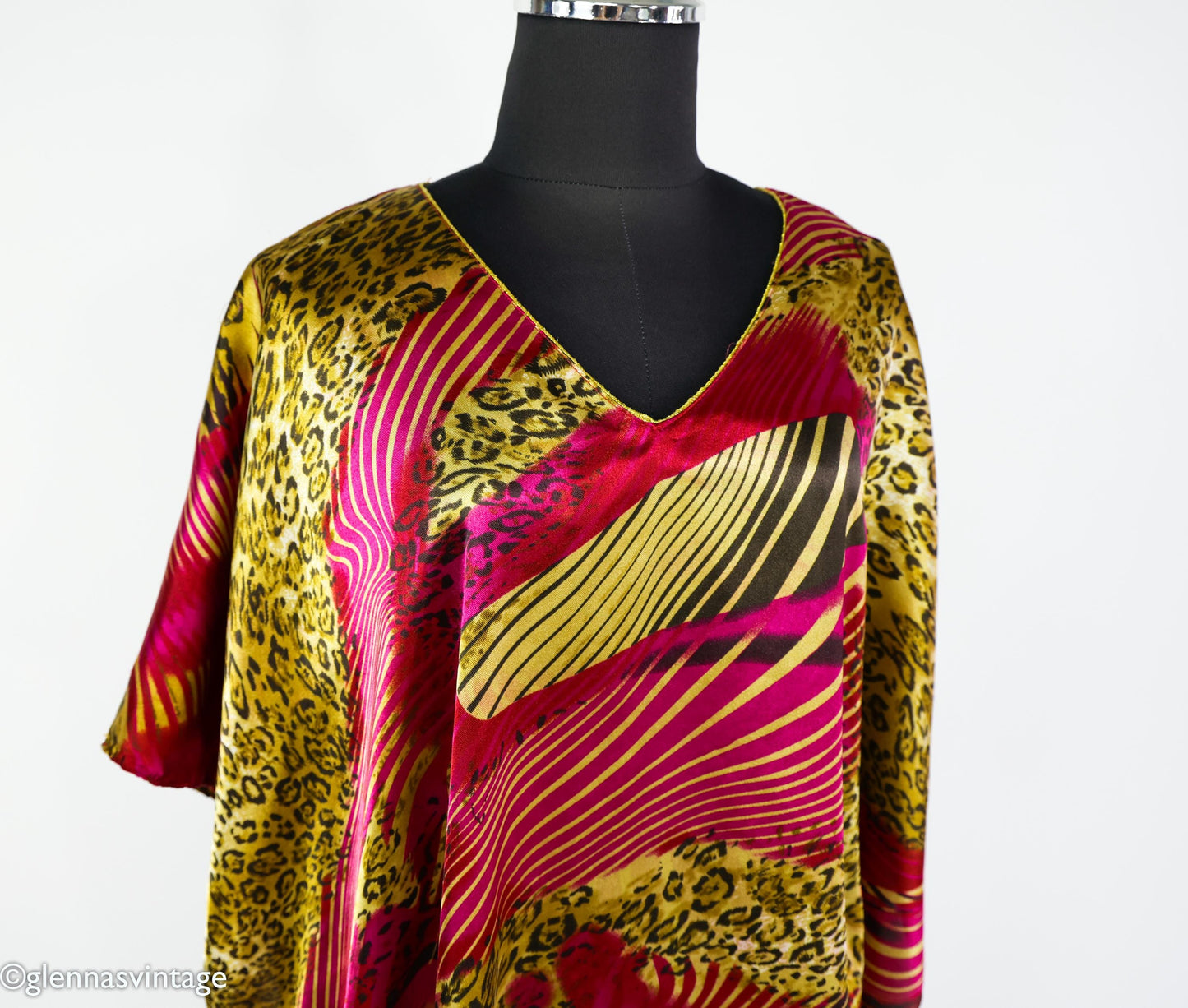 1990s Animal Print Caftan, Burgundy Pink Gold, Plus Size Silk Blend