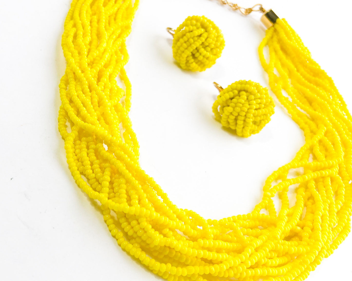 1960s Yellow Beaded Necklace & Clip Earrings Jewelry Set