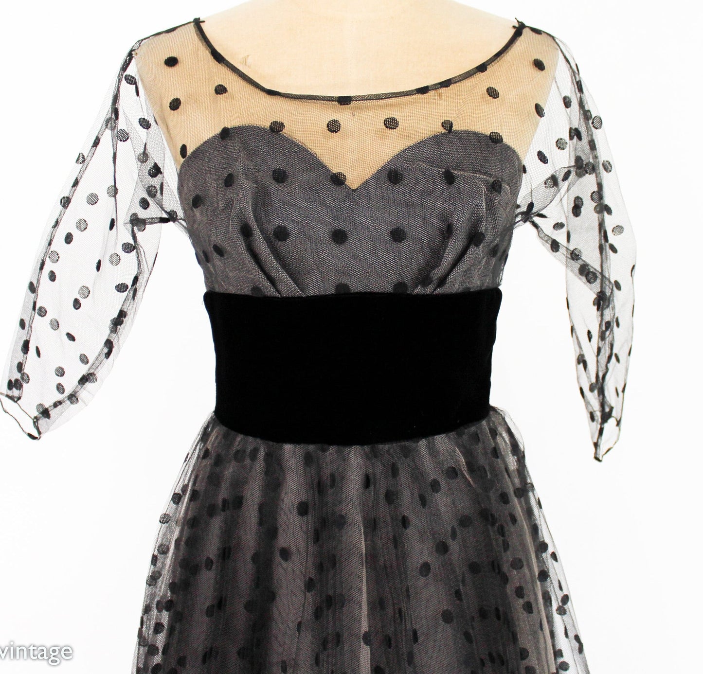 1950s Black Polka Dot Tulle Party Dress, Extra Small