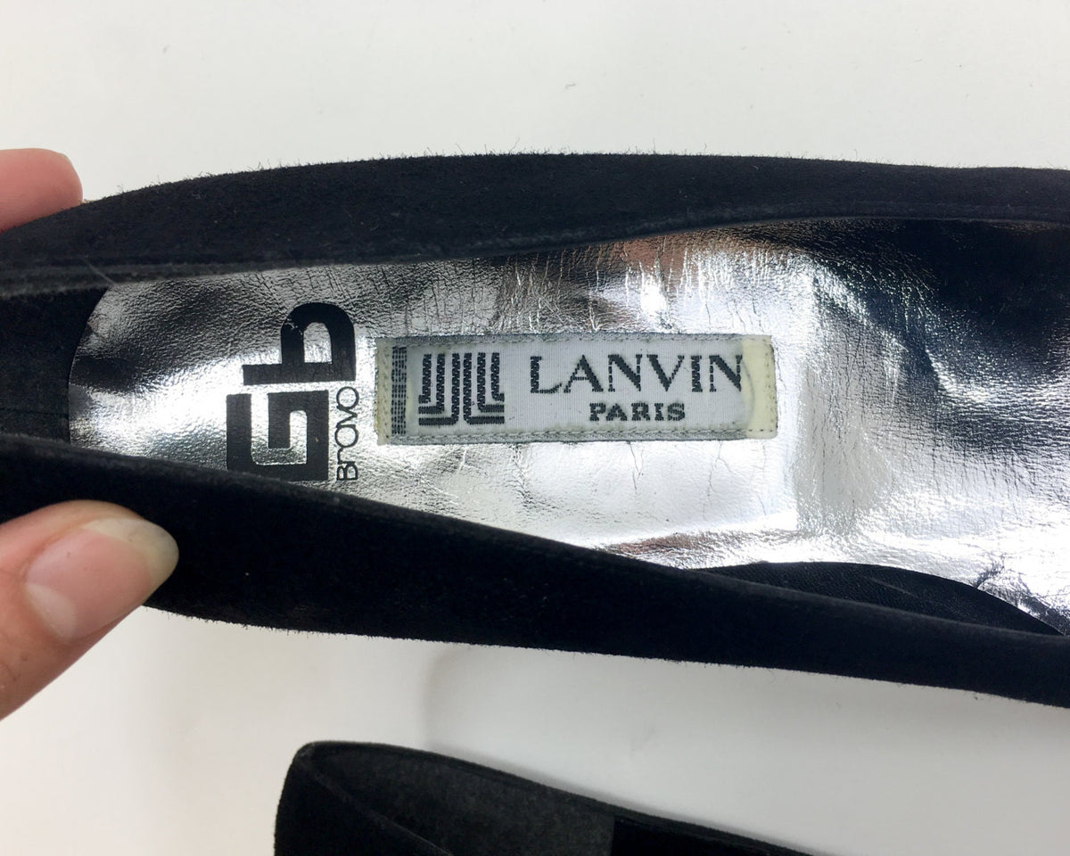 1980s Lanvin Black Suede Rhinestone Embellished Heels, US 9, 38