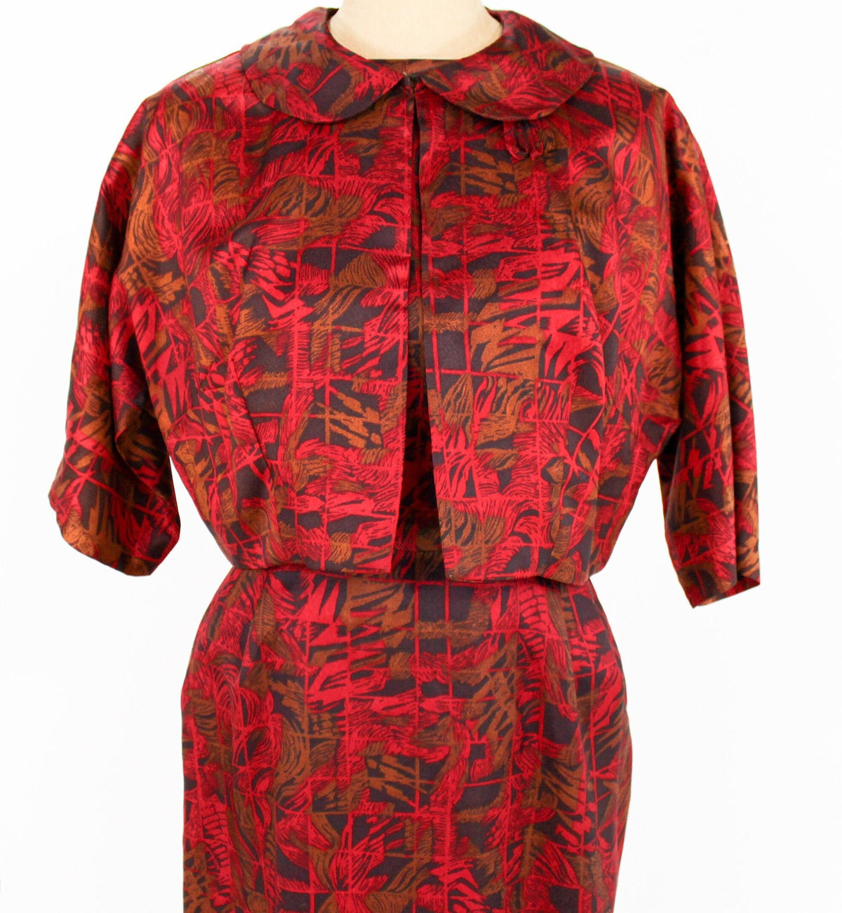 1950s Red Print Dress & Jacket | 50s Red Sheath Set | Large