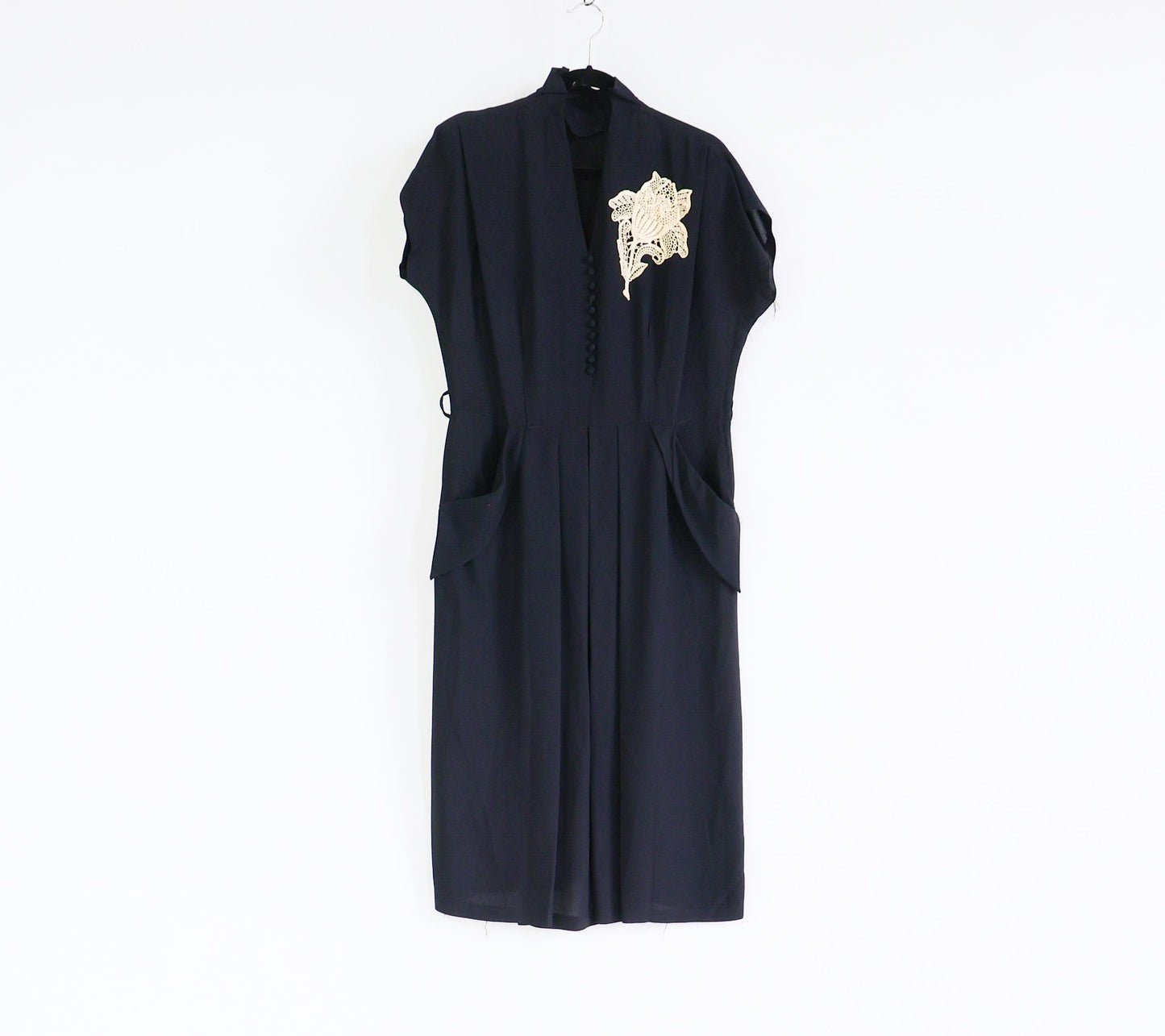 1940s Vintage Black Embroidered Cocktail Dress, Extra Large