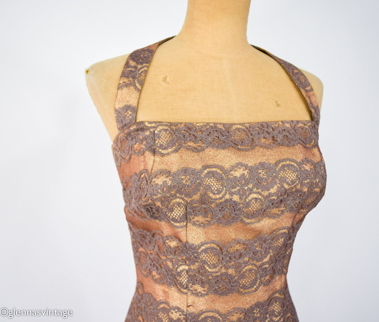1950s Gold Lame & Brown Lace Sheath, Small