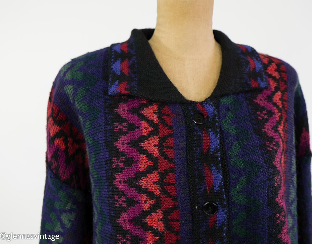 1980s Black Alpaca Wool Stripe Cardigan Sweater Jacket, Large