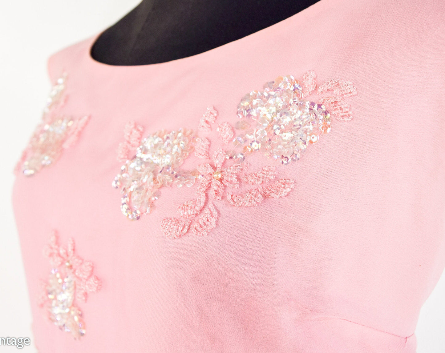 1950s Pink Chiffon Party Dress | Sequin Beaded Cocktail Gown, Large