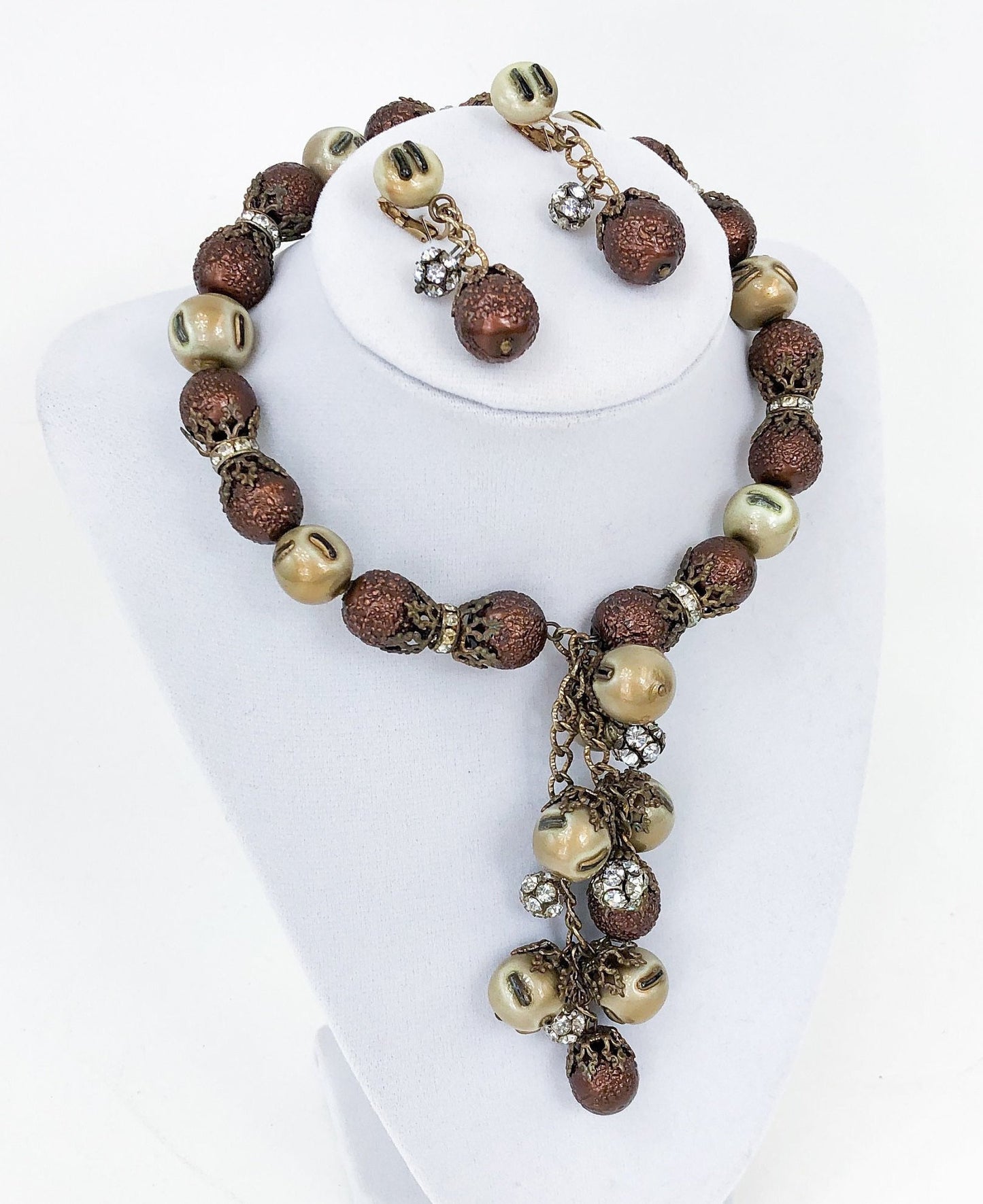 1950s Copper Bead Choker and Clip Earring Jewelry Set