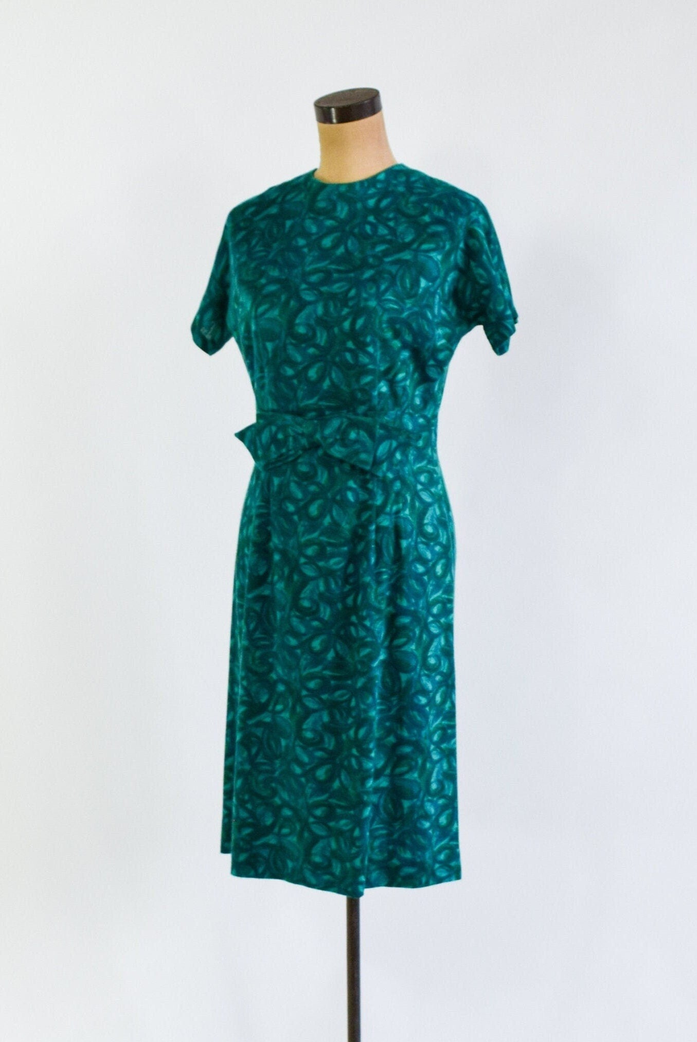 1960s Turquoise Green Floral Wool Knit Dress, Medium