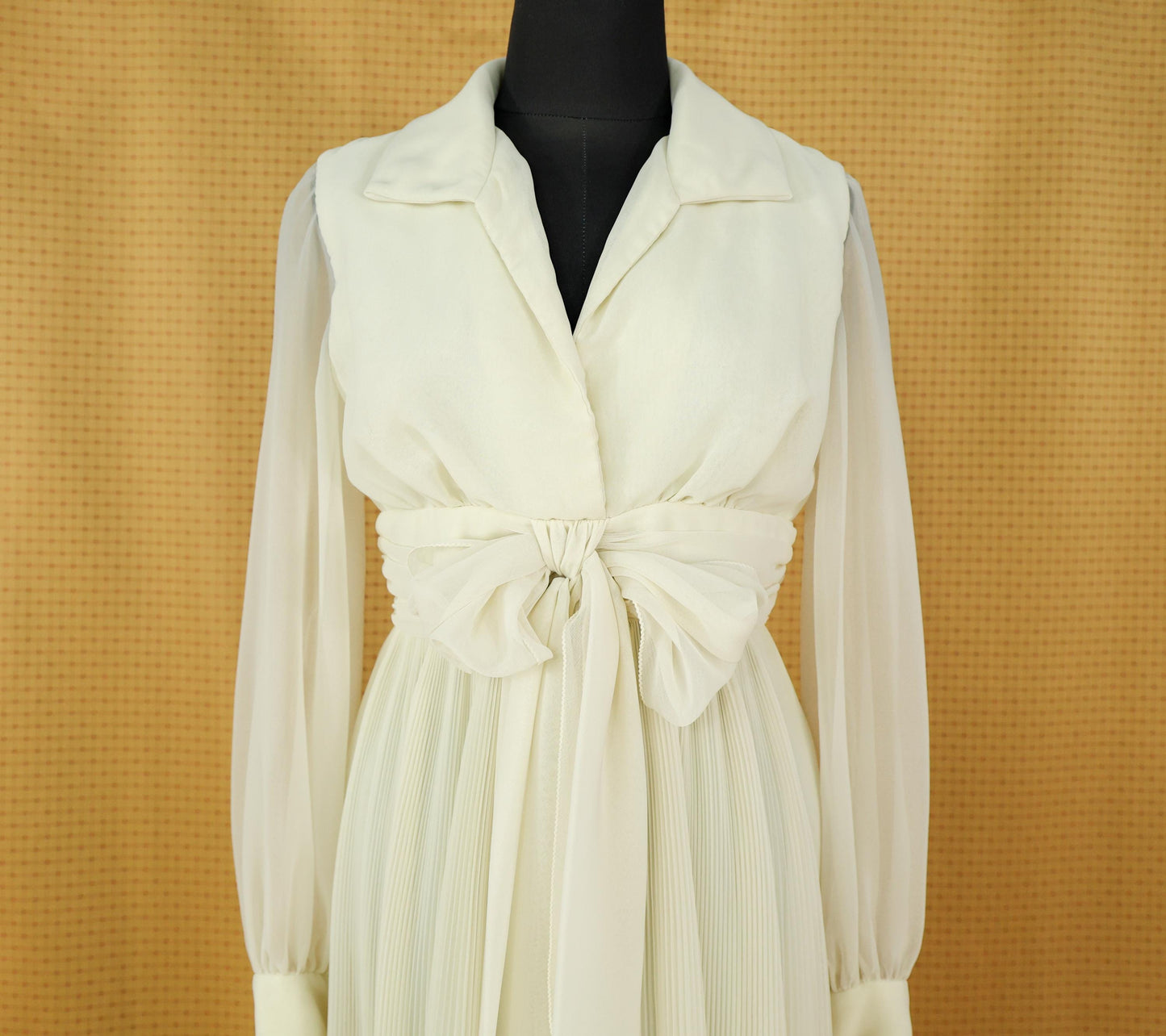 1970s Ivory Chiffon Wedding Dress, Romantic Pleated Maxi Gown, Small