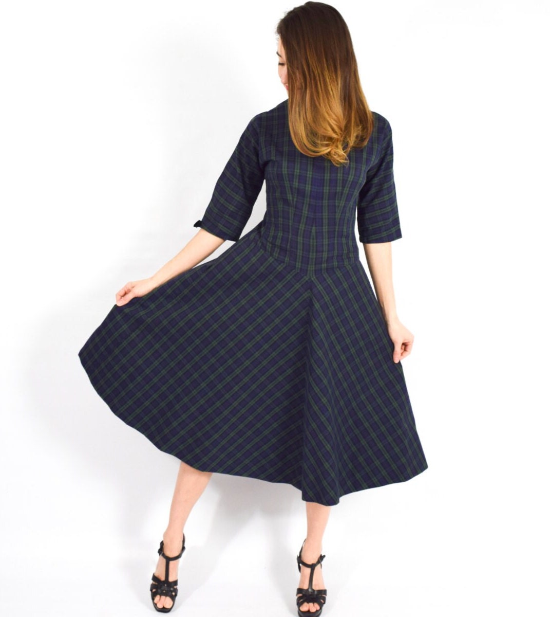 1950s Navy & Green Plaid Cotton Dress, Medium