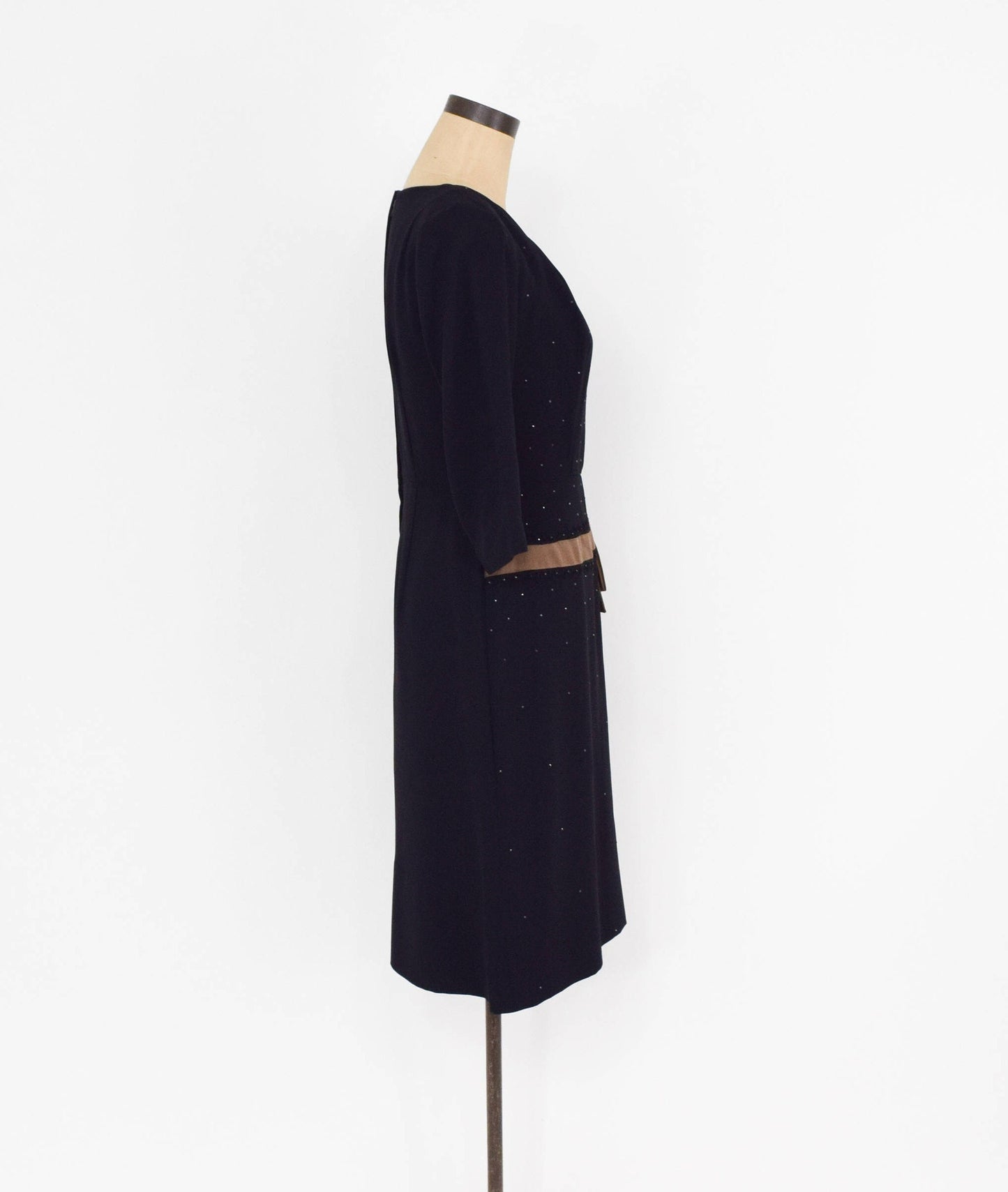 1950s Black & Bronze Crepe Cocktail Dress with Rhinestone Detail, Alan Peck, Medium