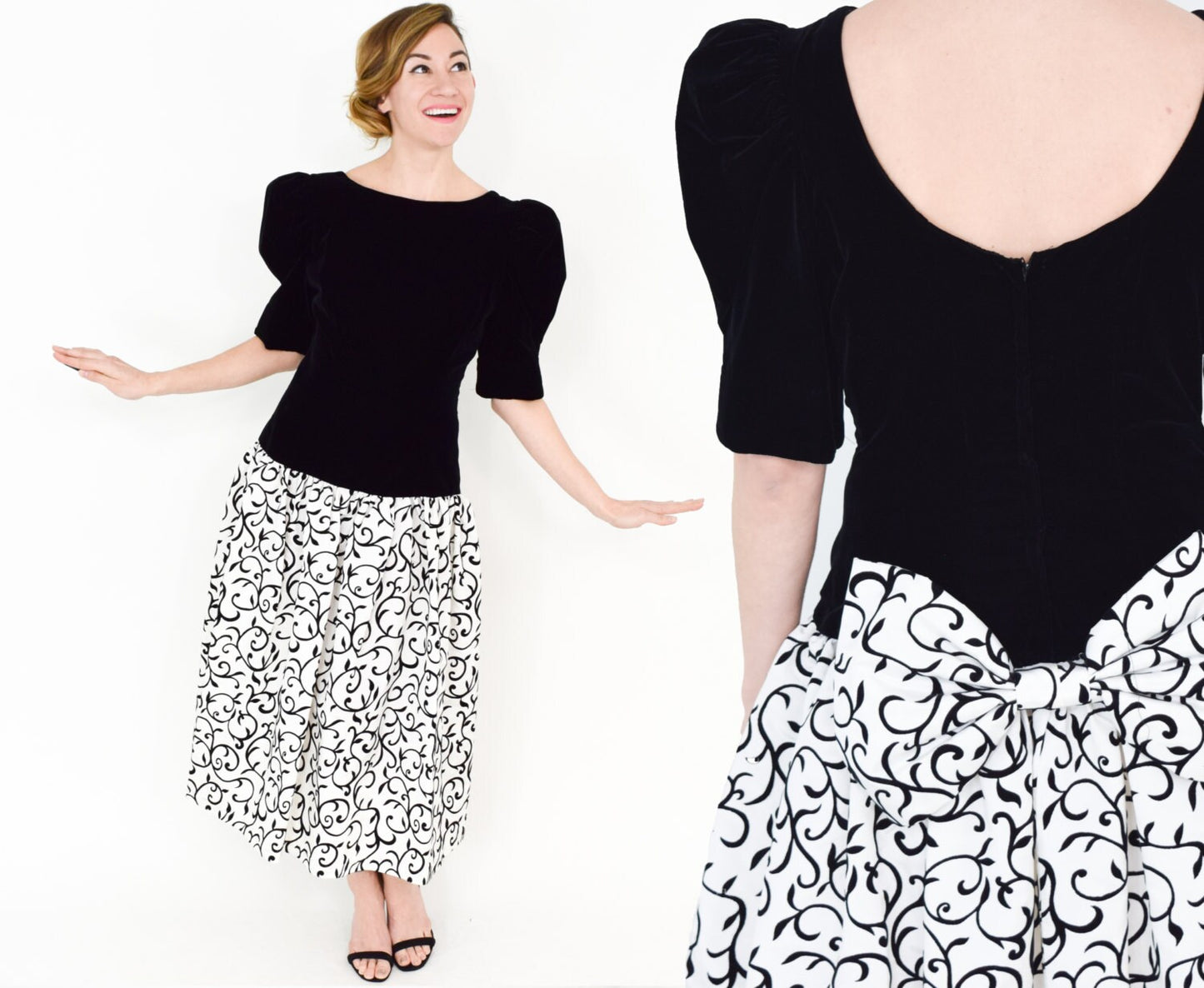 1980s Black Velvet Print Party Dress, Medium