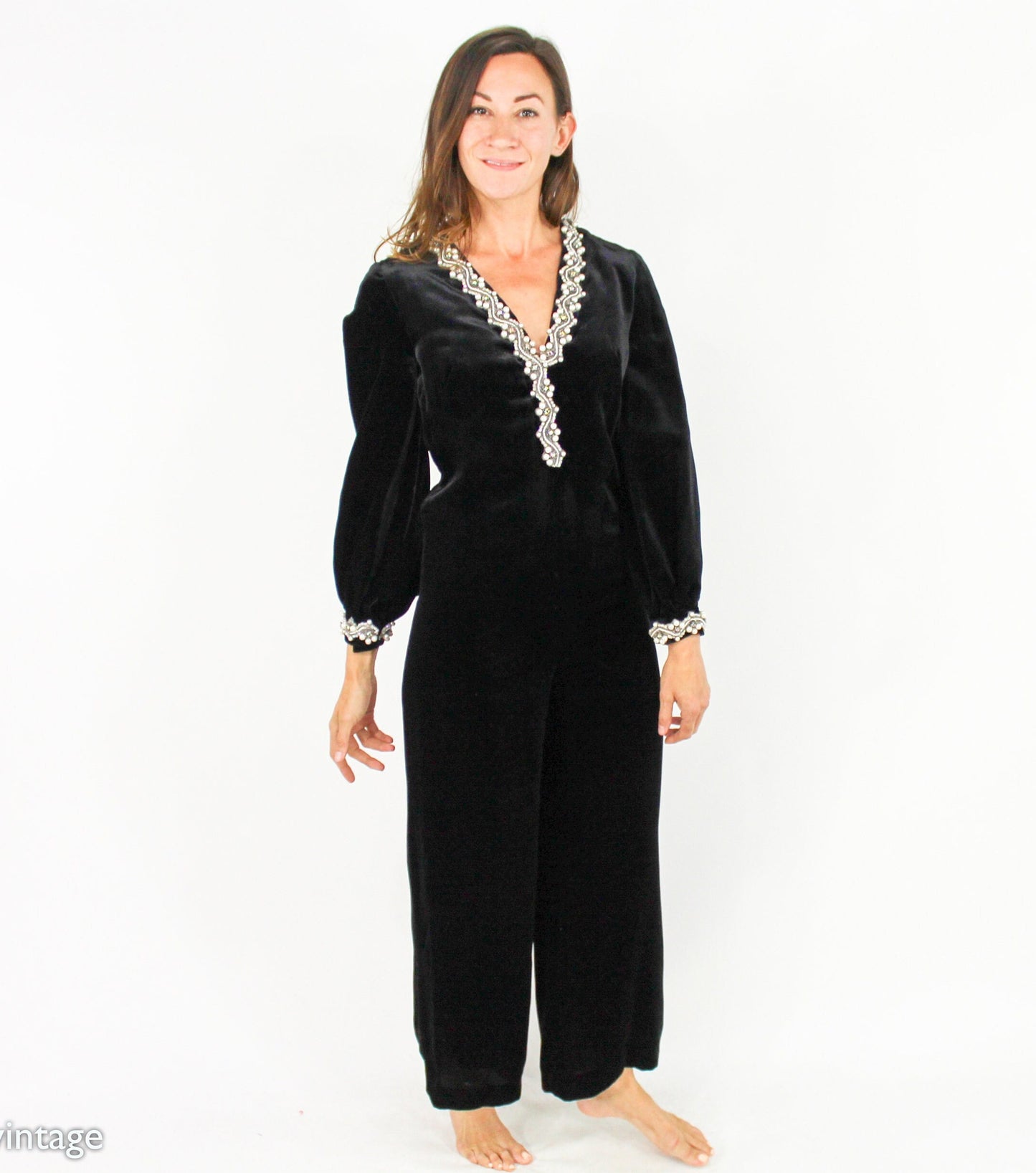 1970s Vintage Black Velvet Jumpsuit with Beaded Trim, Small