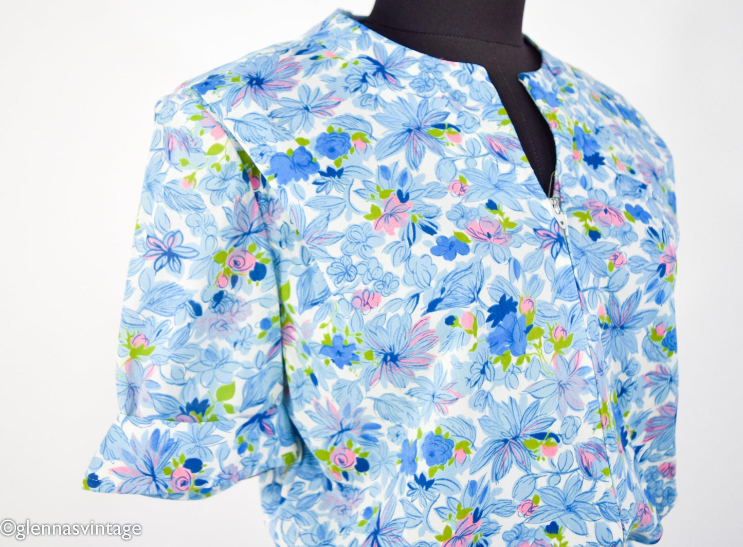 1950s Blue Floral Nylon Day Dress, Medium