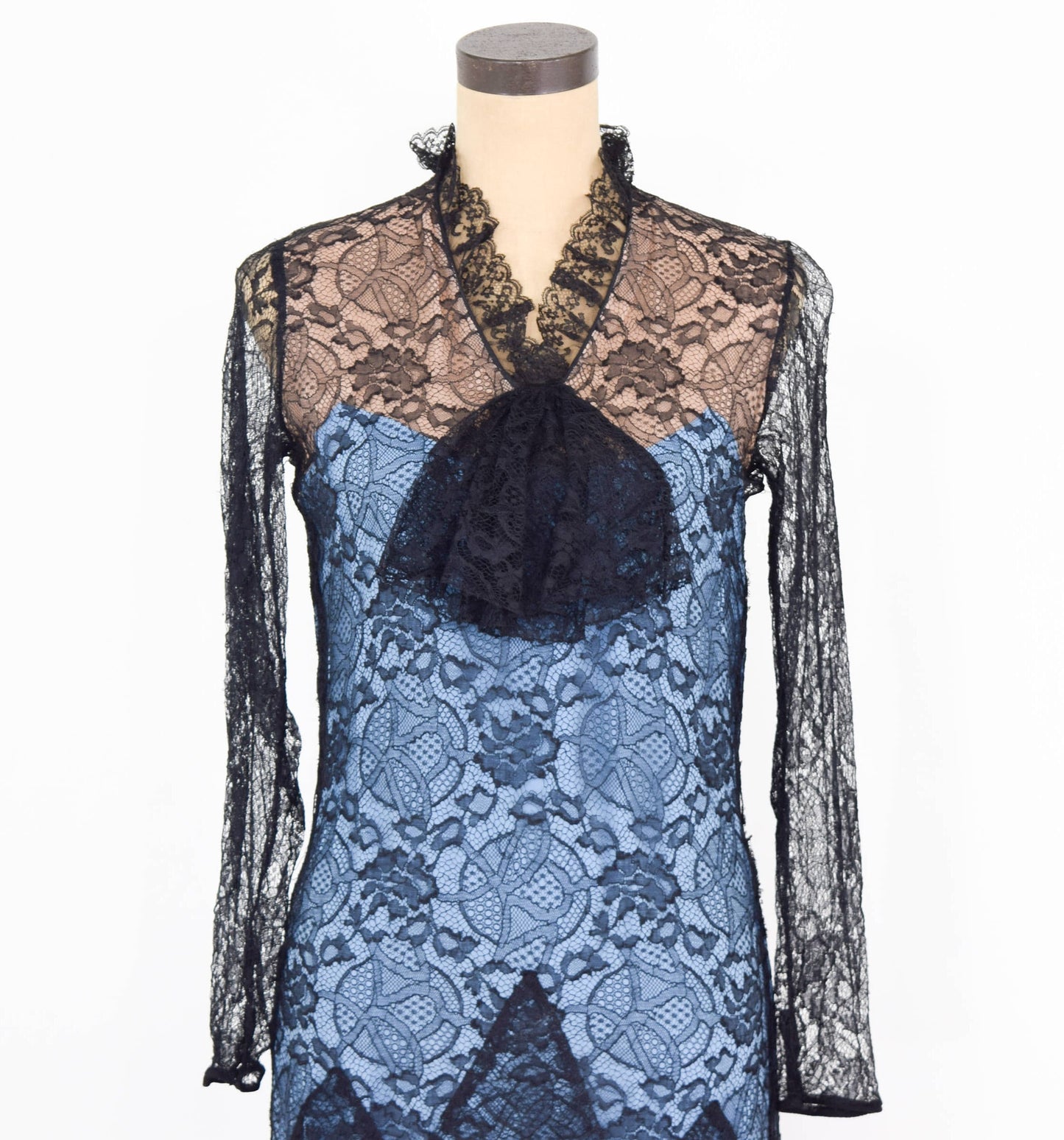 1930s Blue Black Lace Evening Dress, Small
