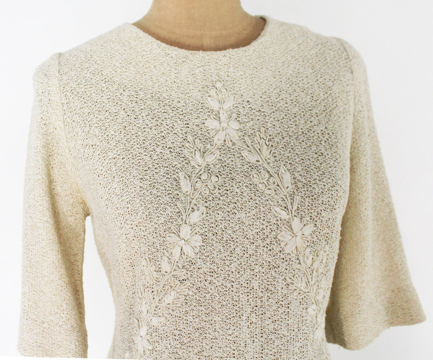 1960s Creme Knit Dress | Beige Nubby Knit Shift, Medium