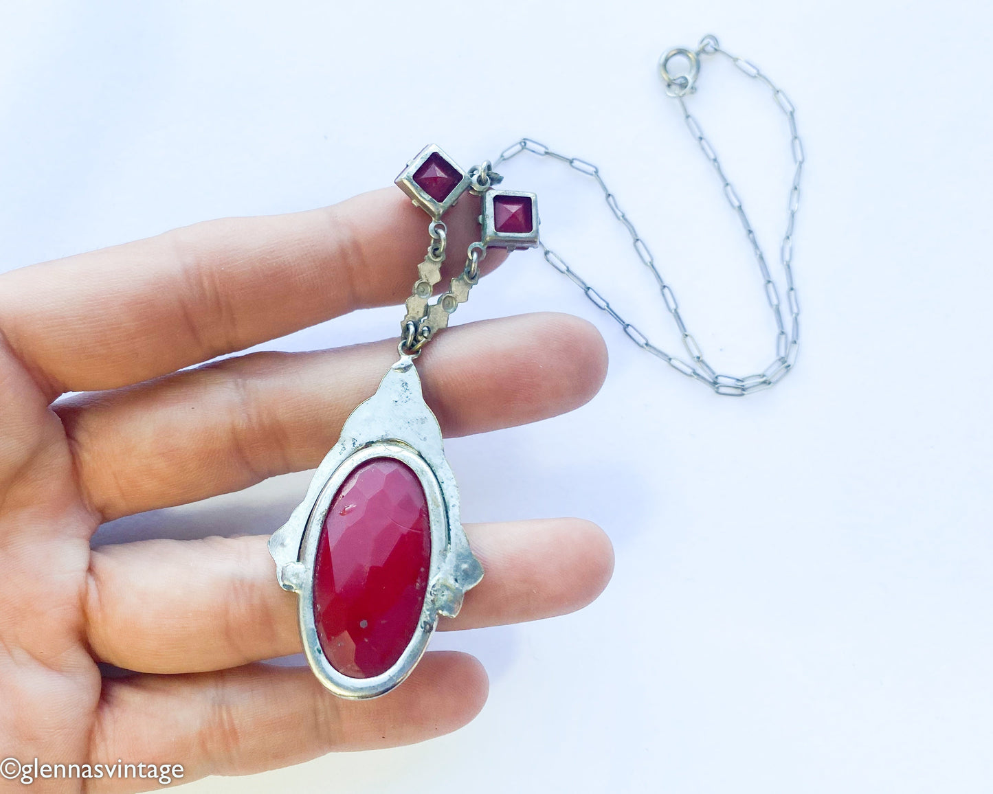 1920s Art Deco Red Necklace | Red Faceted Glass Pendant