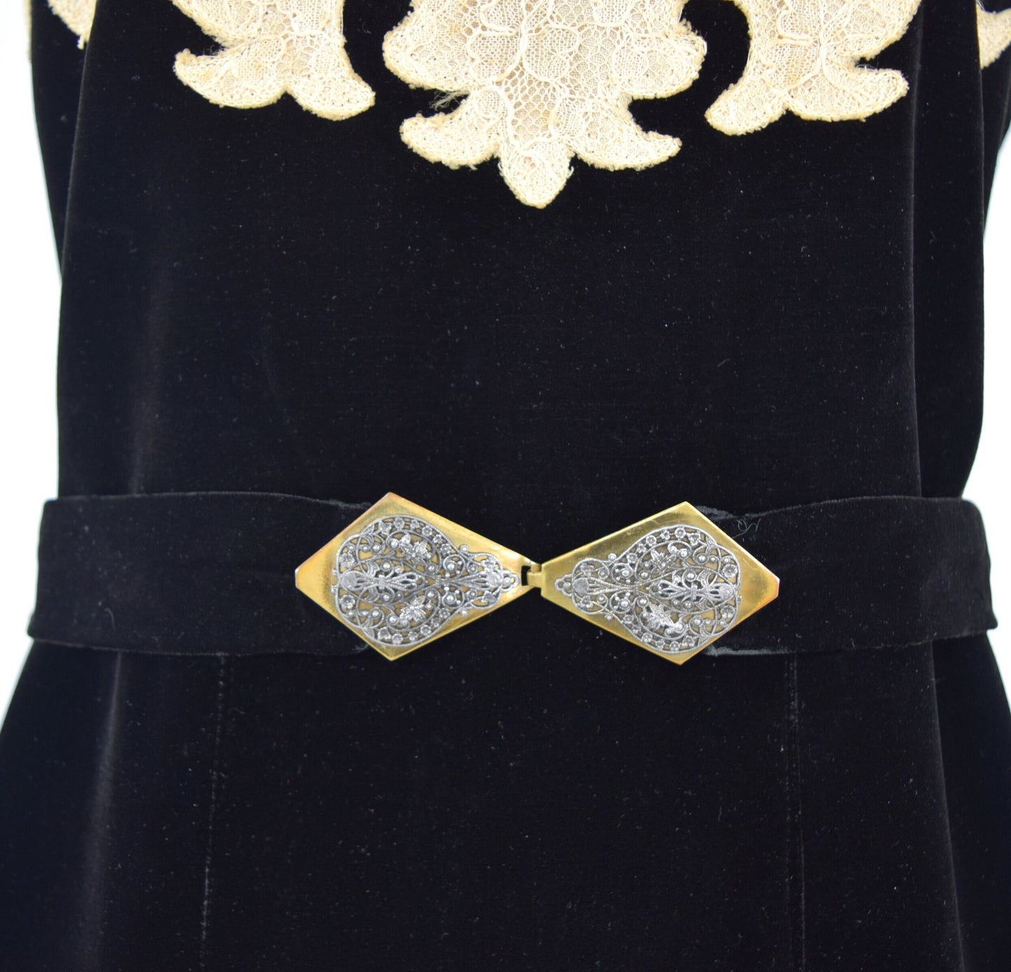 1920s Black Velvet Dress with Lace Bodice, Medium