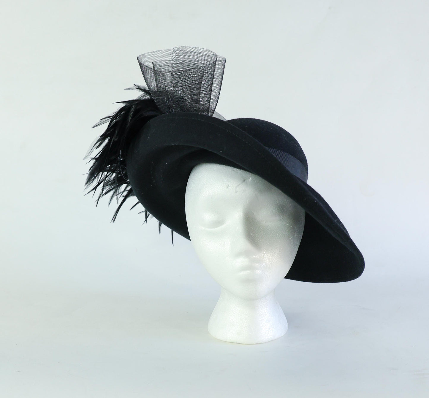 1980s Black Wide Brim Feather Hat