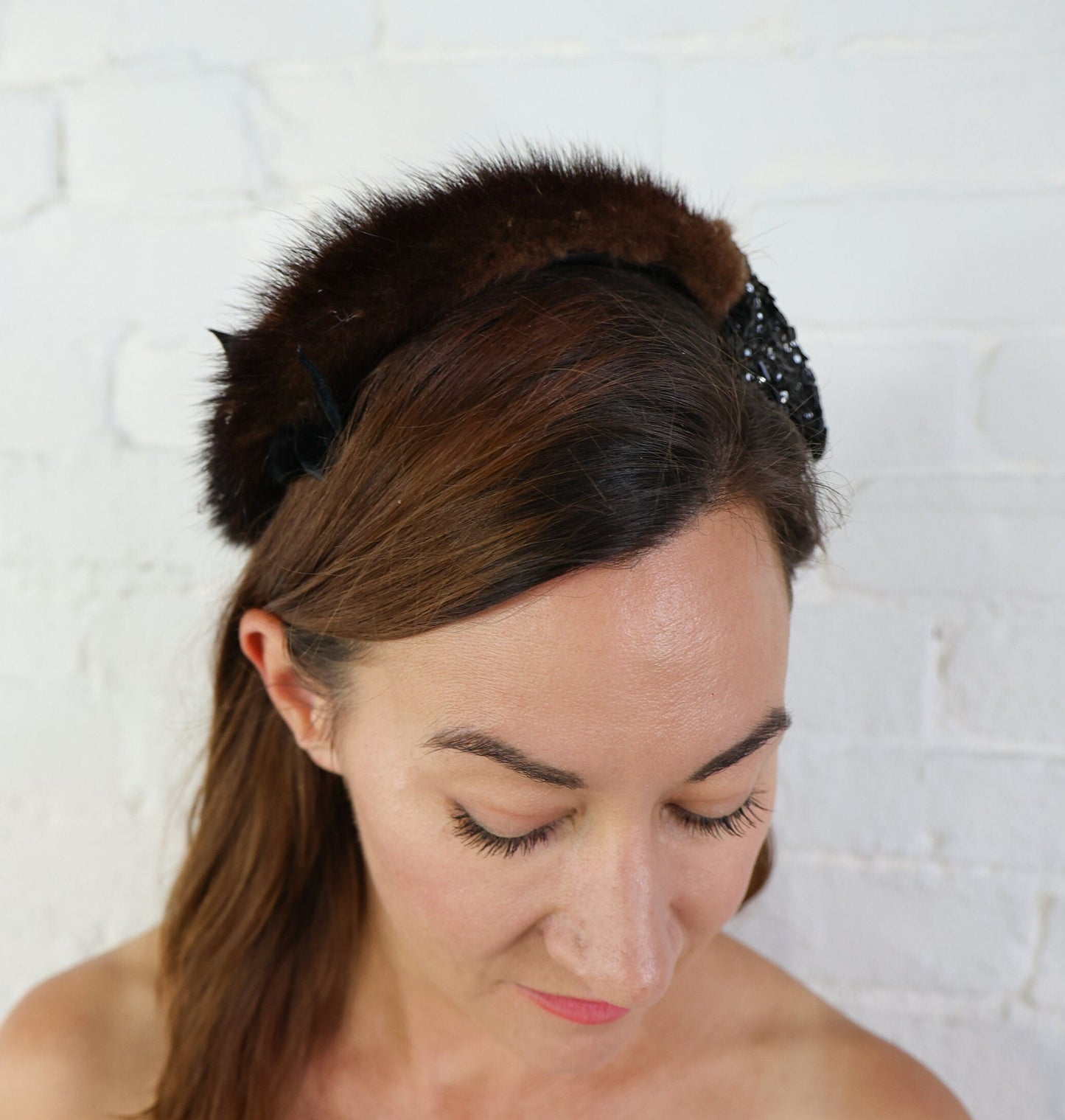 1950s Mink & Black Sequin Fascinator Hat