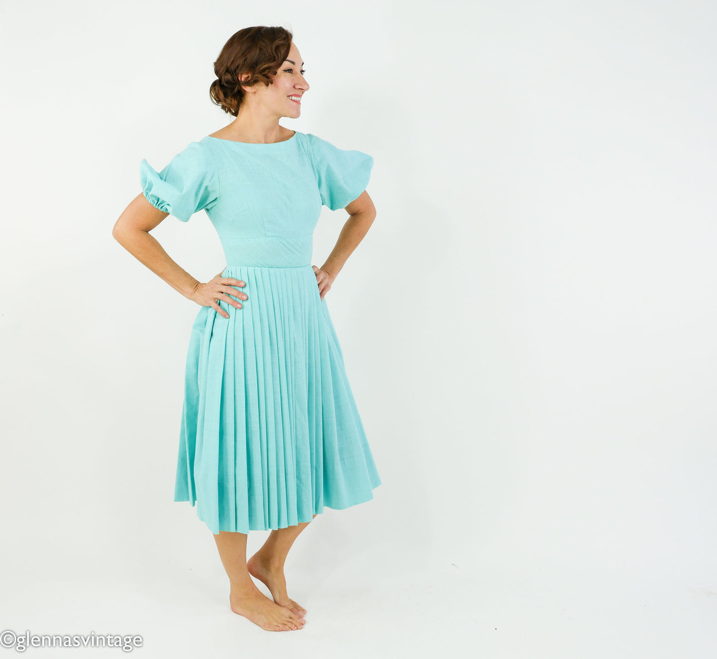1950s Turquoise Blue Cotton Dress, Extra Small