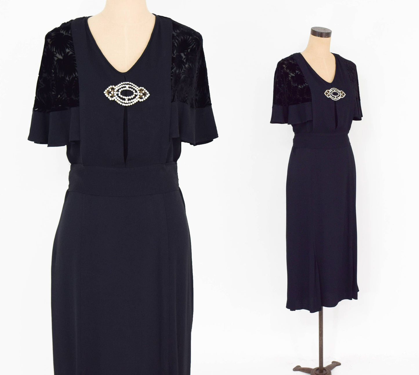 1900s Black Velvet Crepe Dress | Downton Abbey Style, Medium