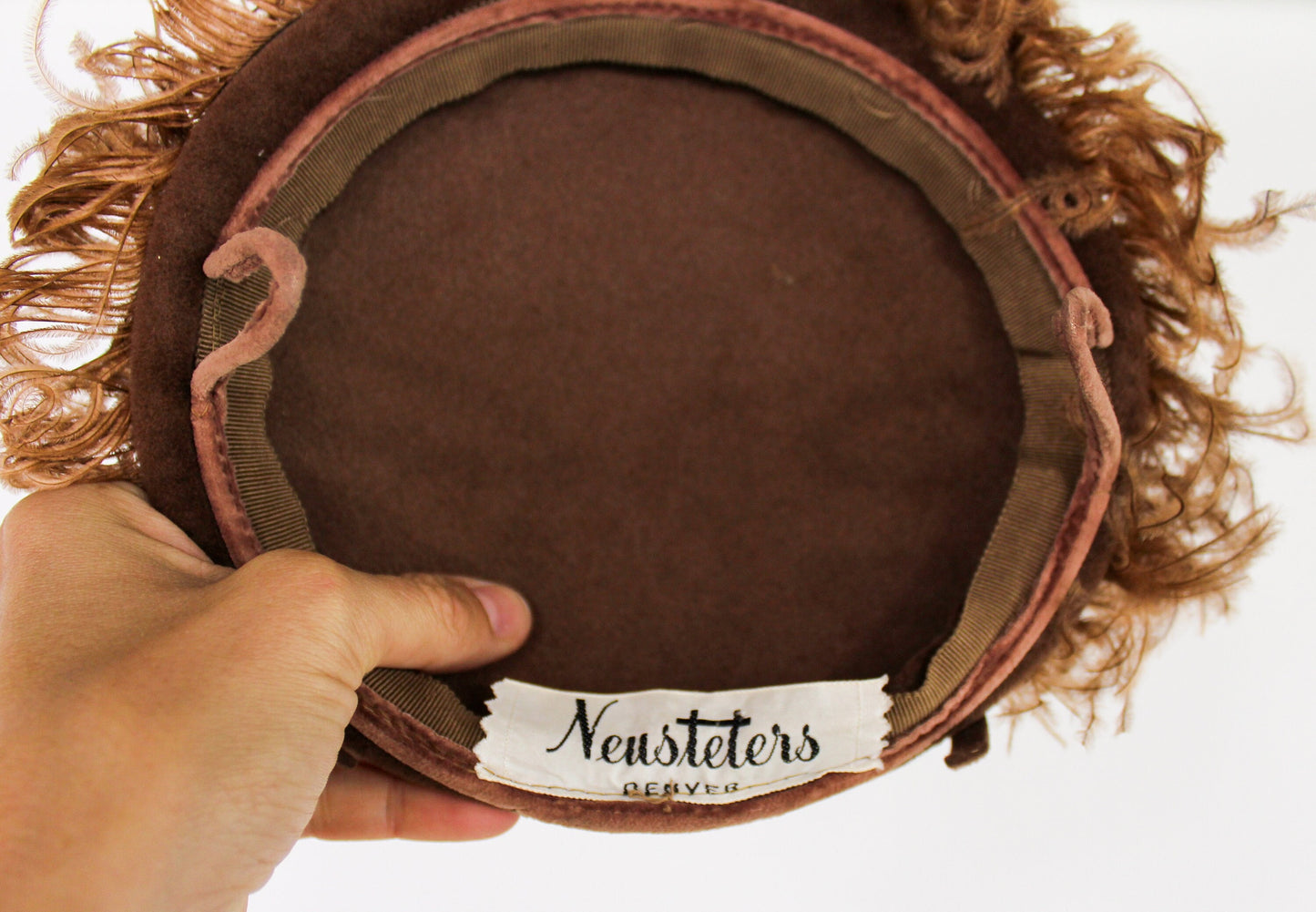 1950s Brown Wool Velour Saucer Hat | Vintage Feather Trim