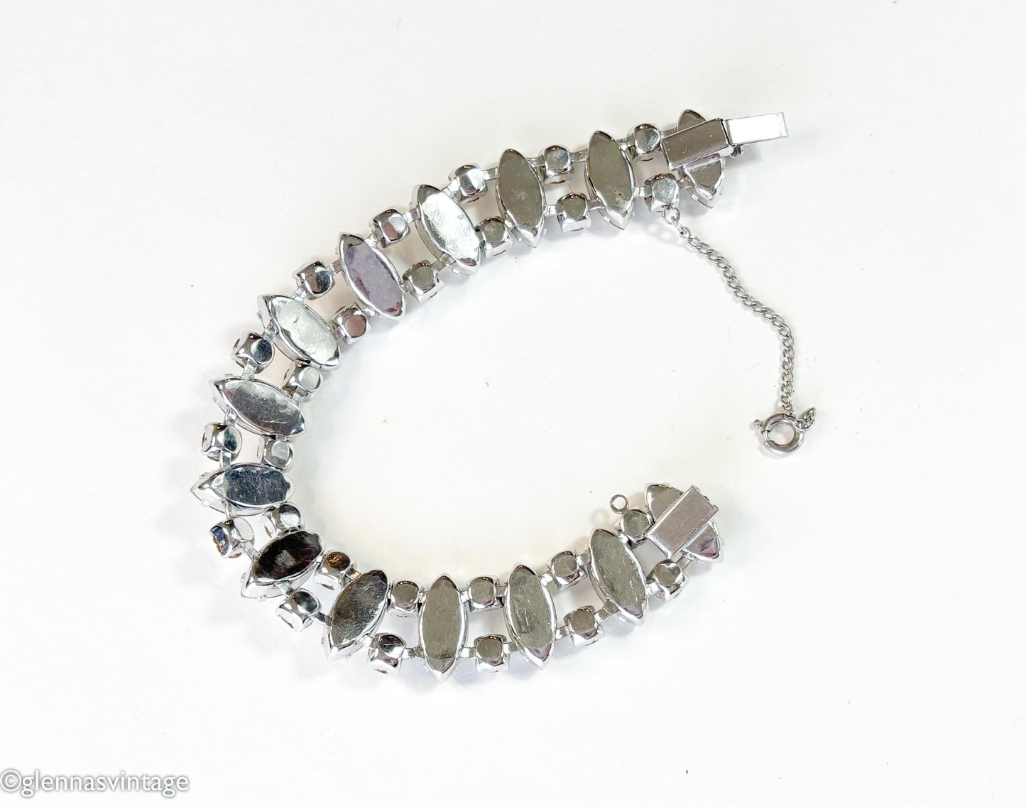 1960s Rhinestone & Silver Bracelet with Navette Crystals