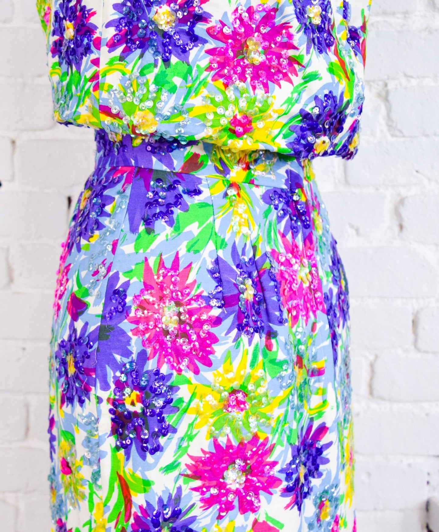 1950s Colorful Floral Sequin Party Dress, Small