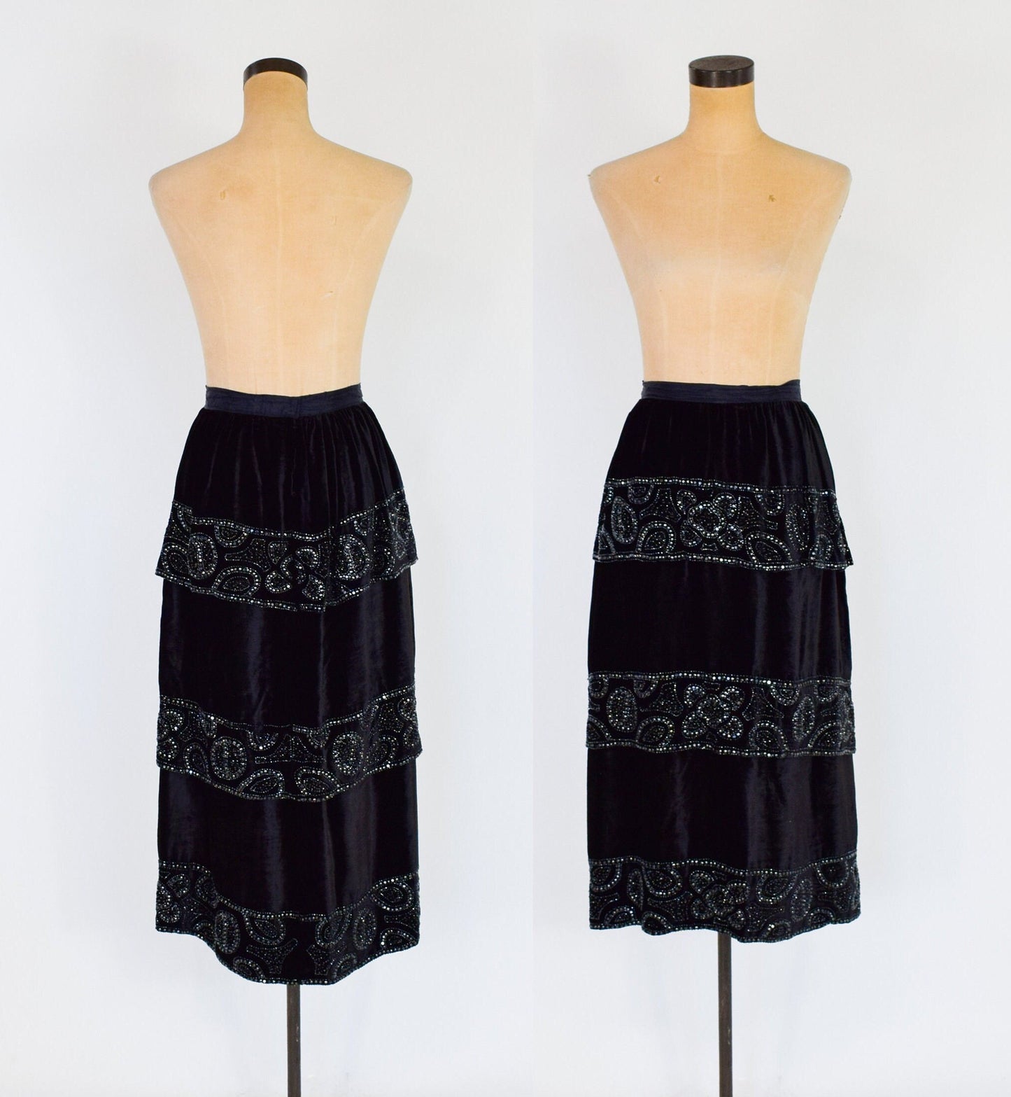 1900s Beaded Black Velvet Evening Set Dress, Downton Abbey, Gatsby