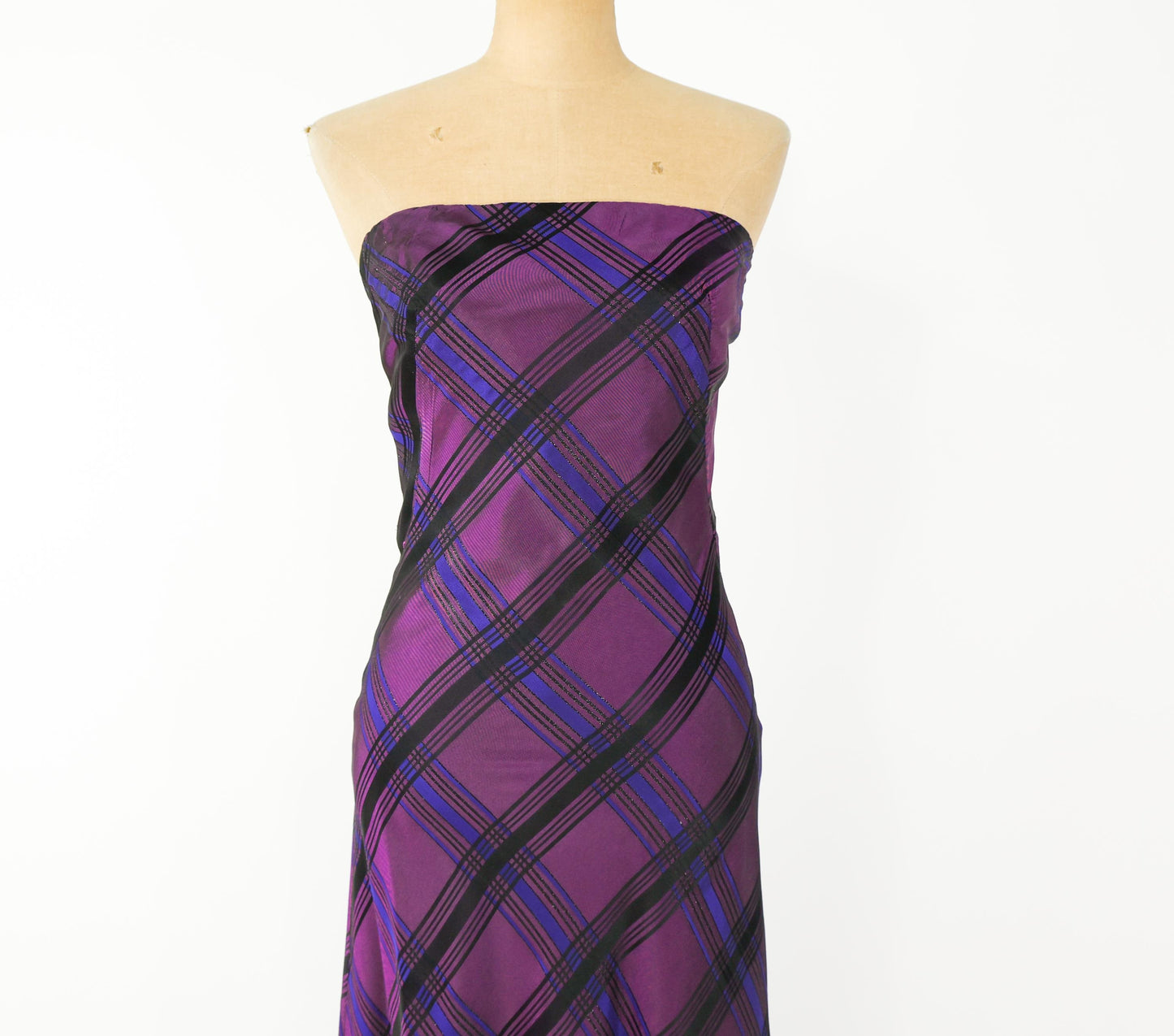 1990s Purple Plaid Taffeta Strapless Dress, Small