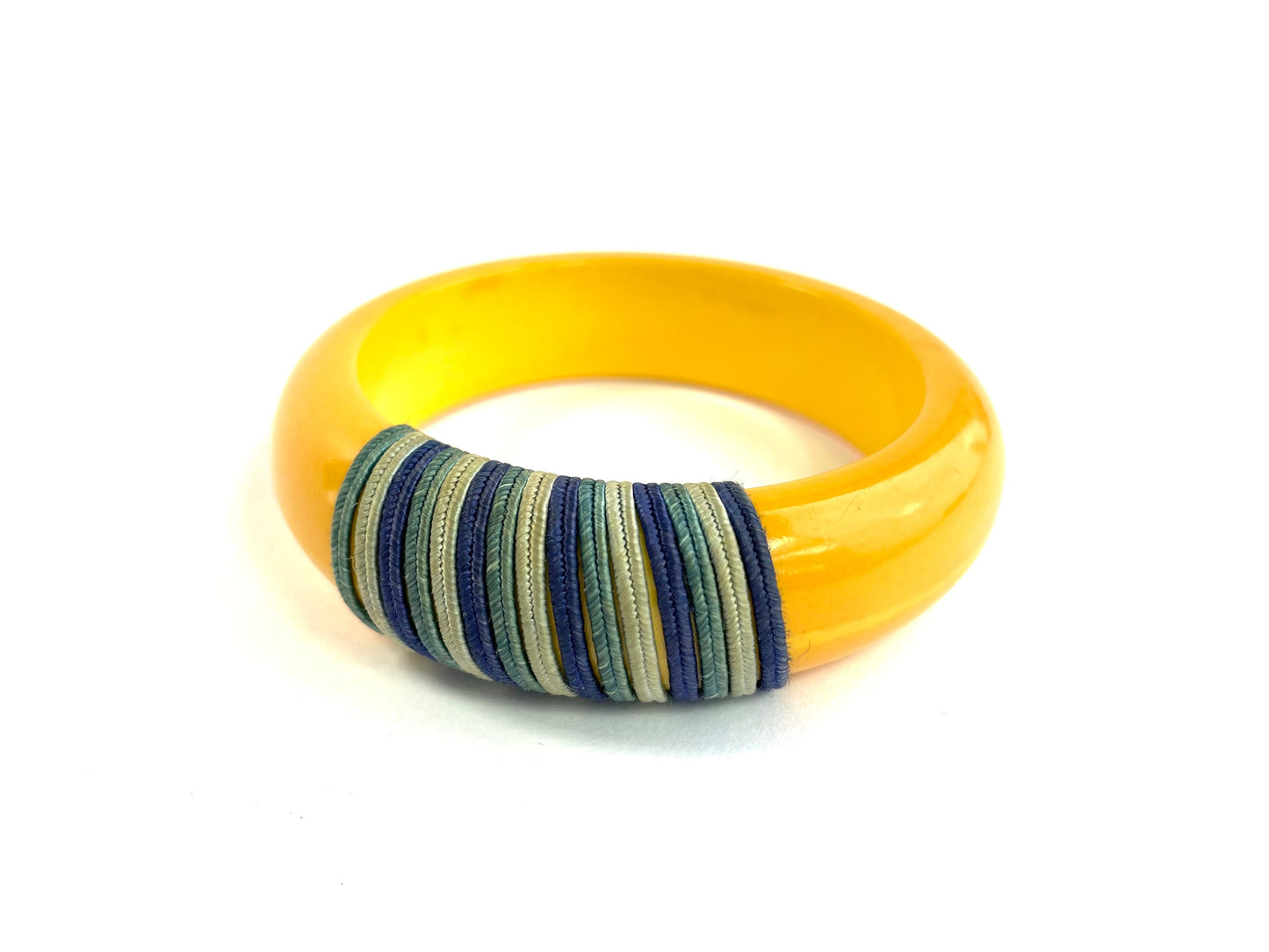 1940s Yellow Bakelite String Wrapped Bangle | Golden Bakelite Cuff