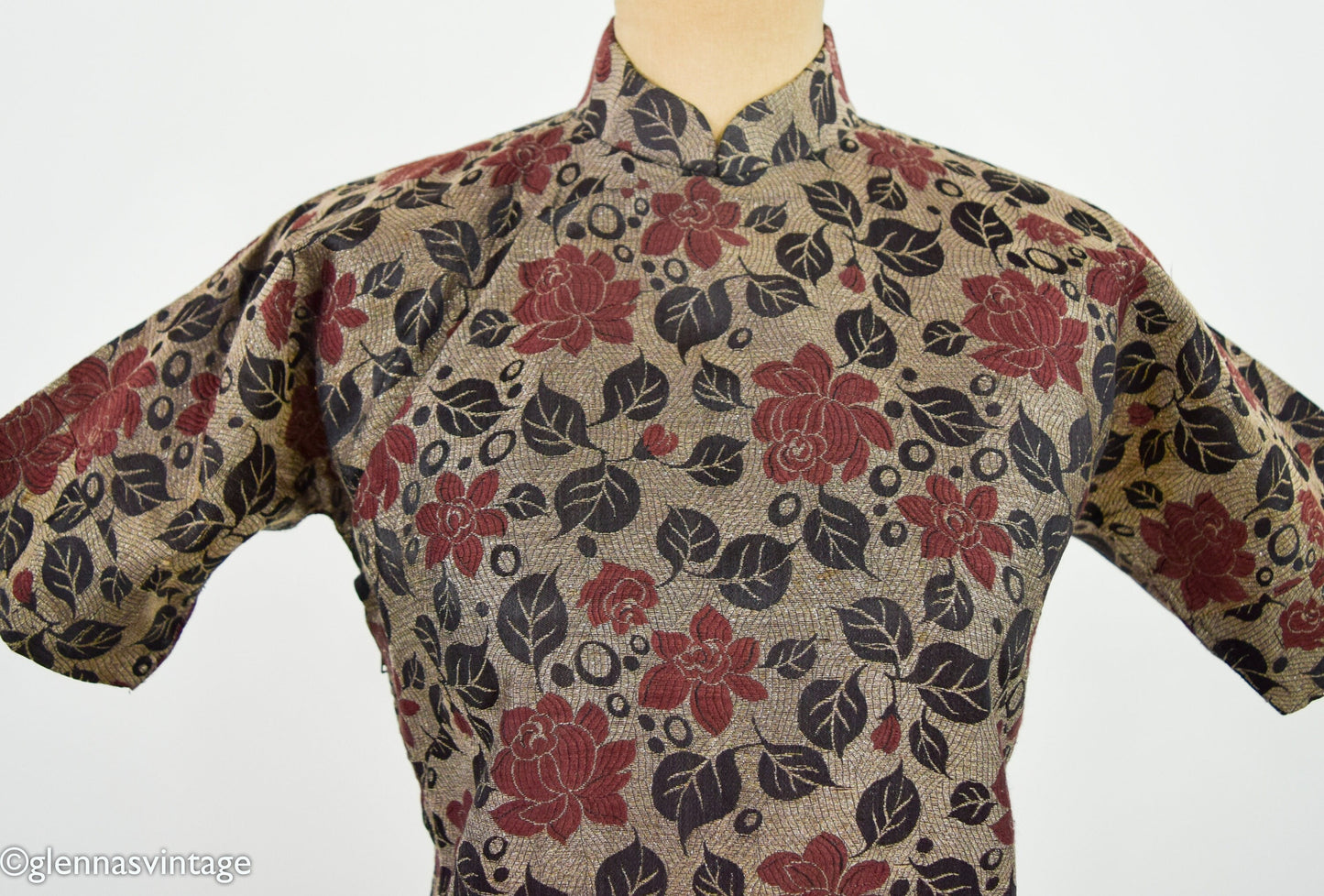 1950s Bronze & Burgundy Brocade Lamé Cheongsam Dress, Medium