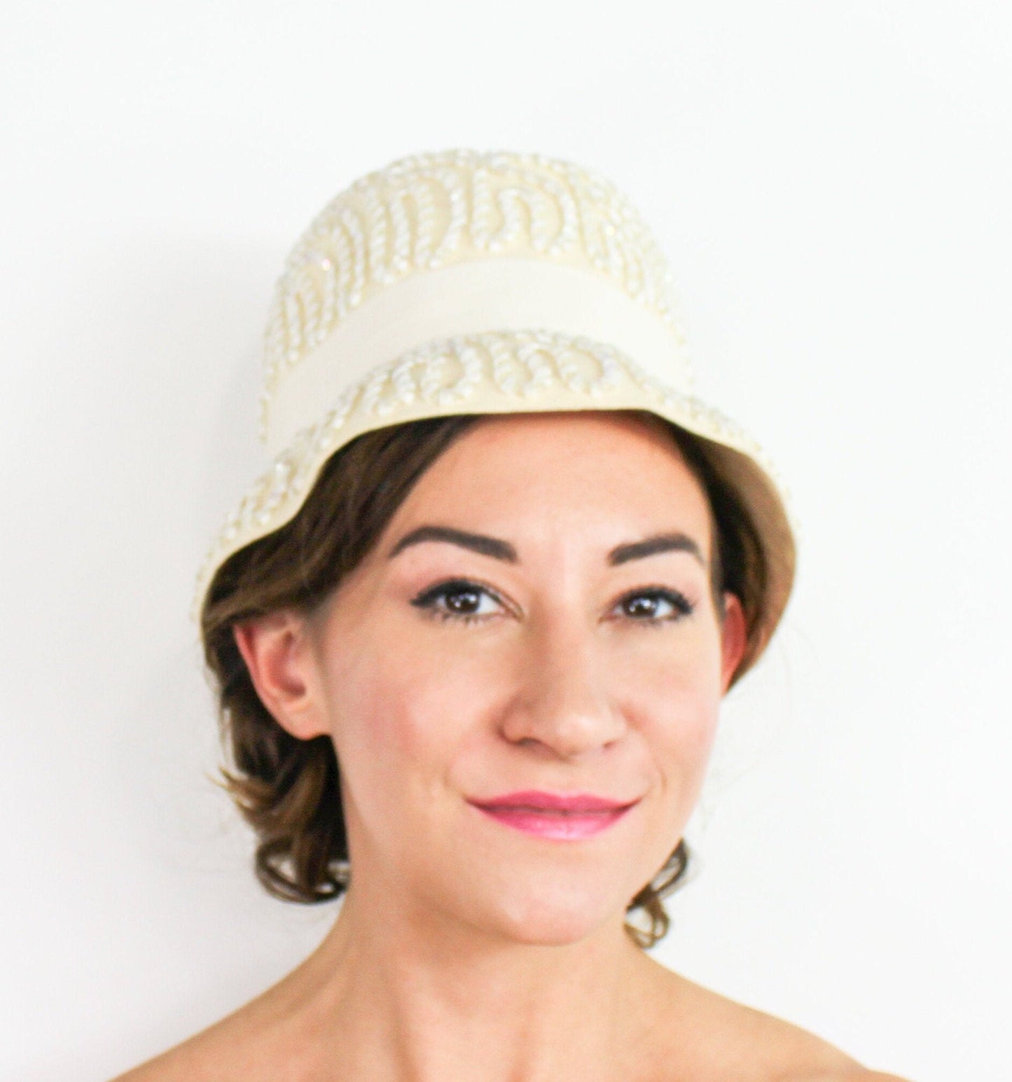 1960s Creme White Sequin Wool Felt Bucket Hat