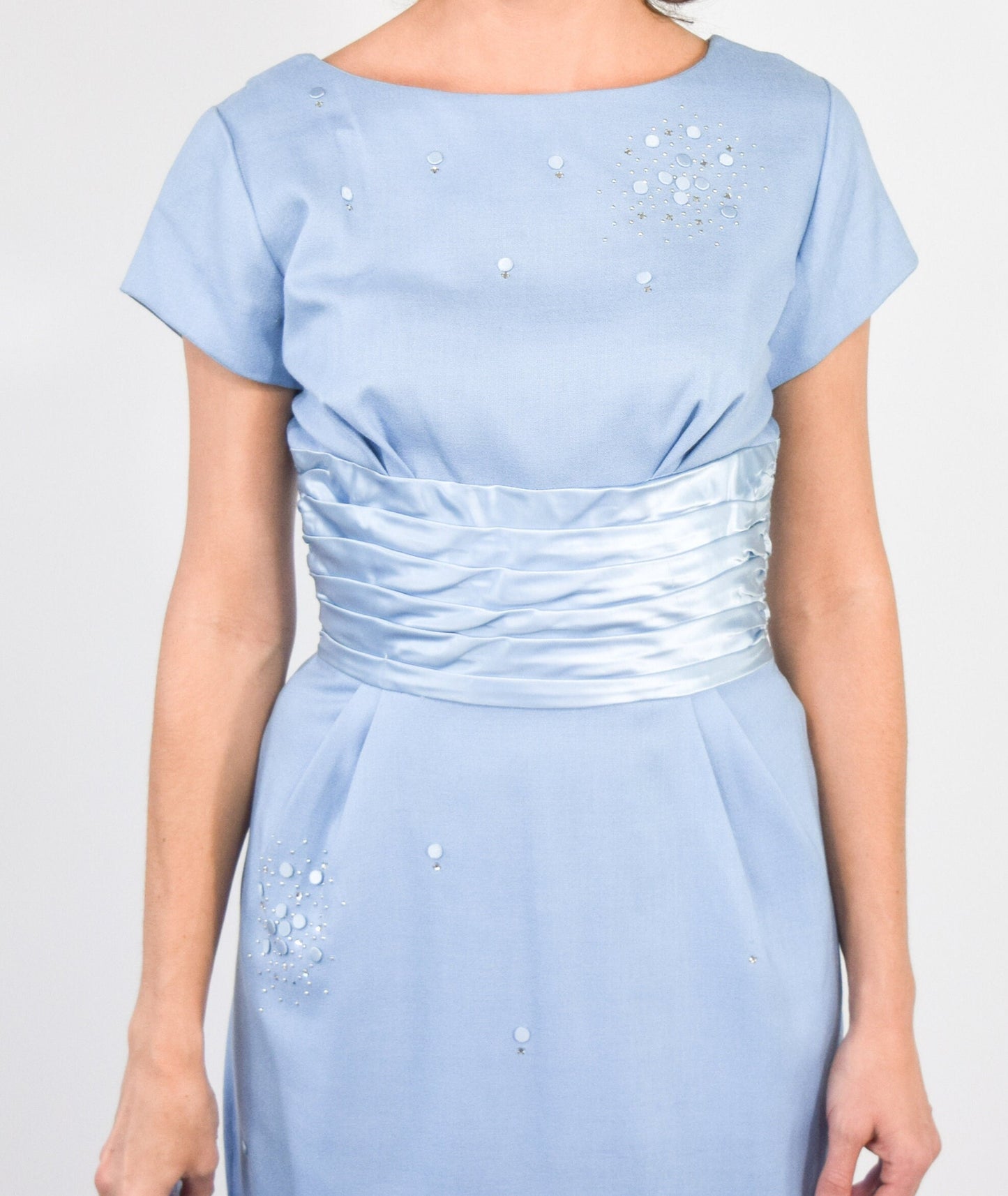 1950s Blue Cotton Sheath Dress with Satin Waist, Small