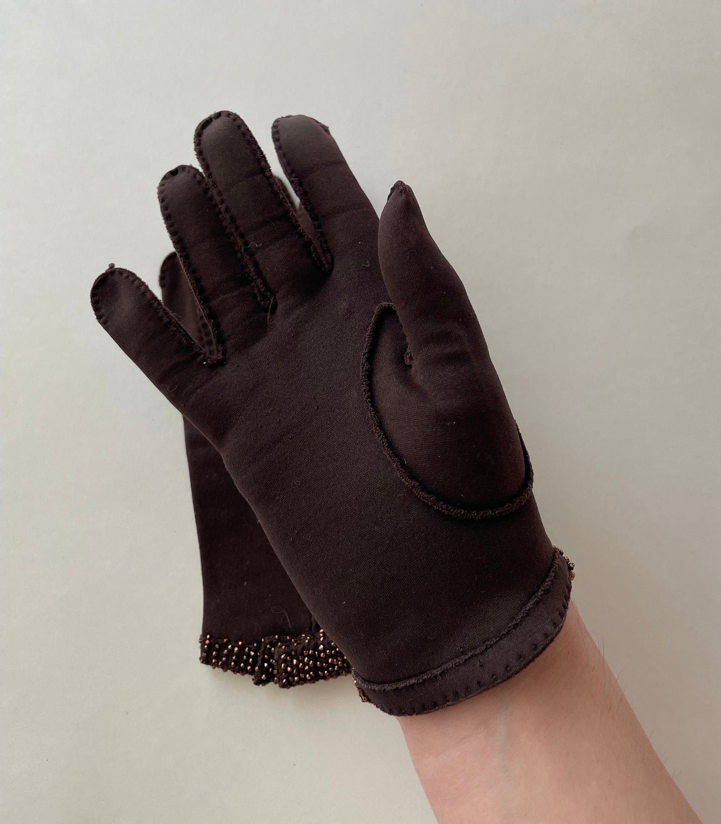1950s Brown Beaded Gloves, Size 6.5