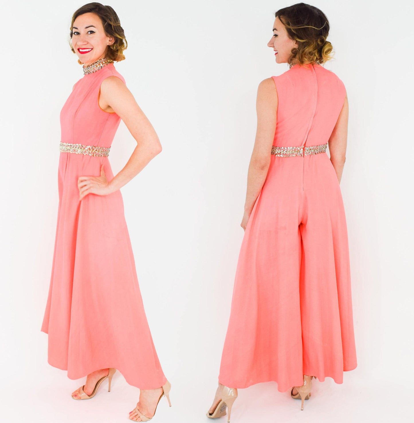 1960s Coral Crepe Palazzo Jumpsuit, Small