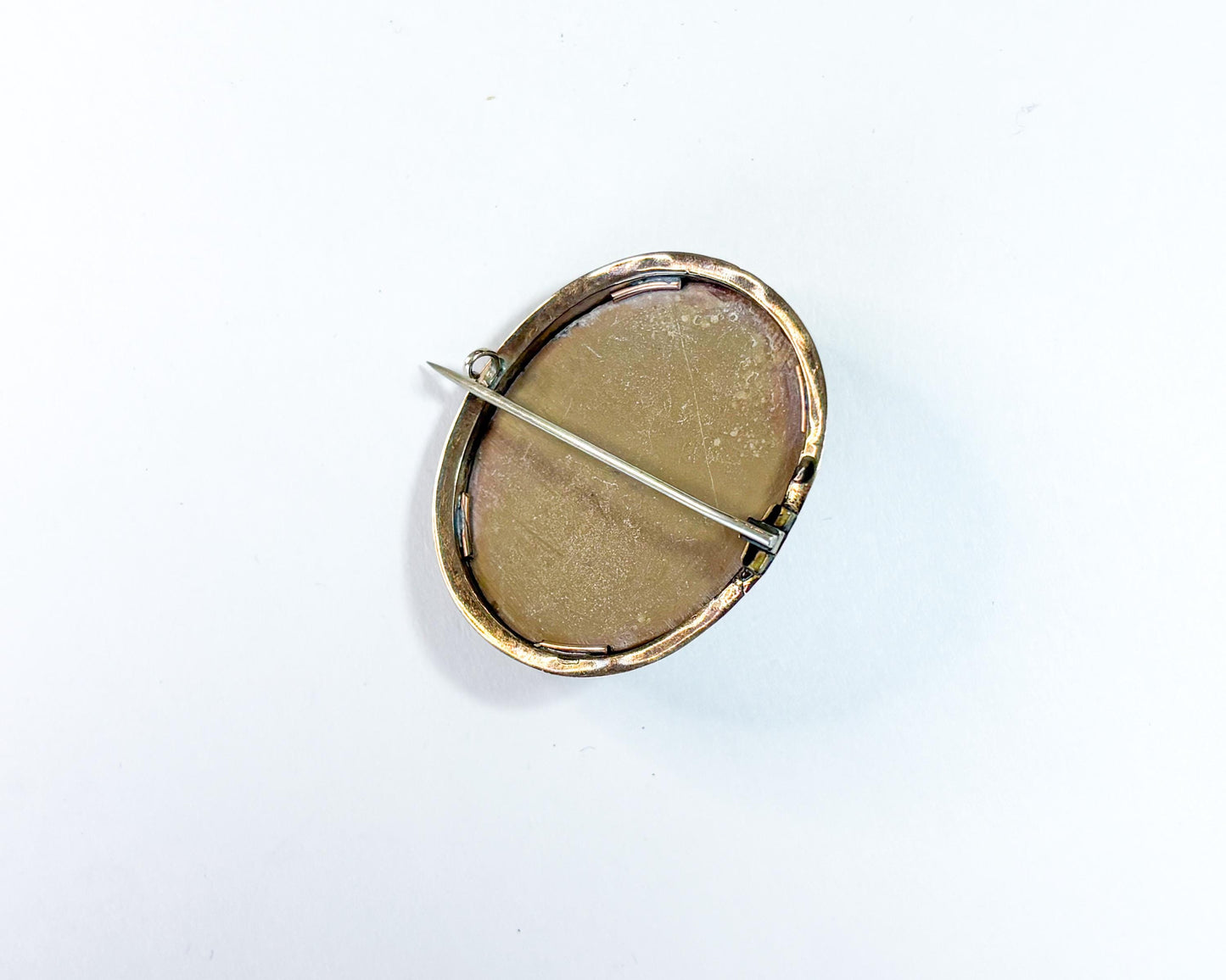 1930s Brown Carved Stone Cameo Brooch, Etched Bronze Frame