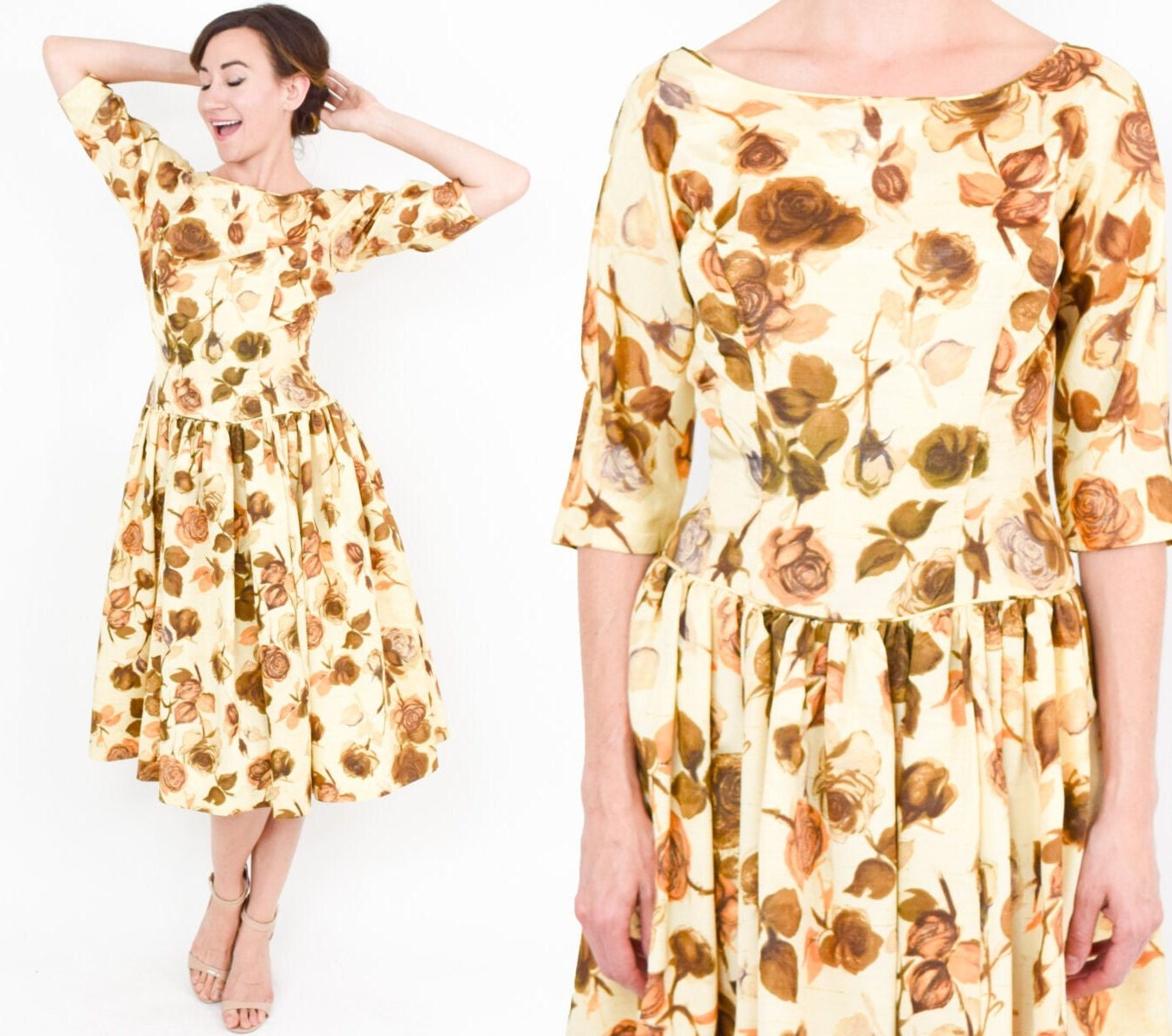 1950s Yellow Rose Floral Print Party Dress, Small