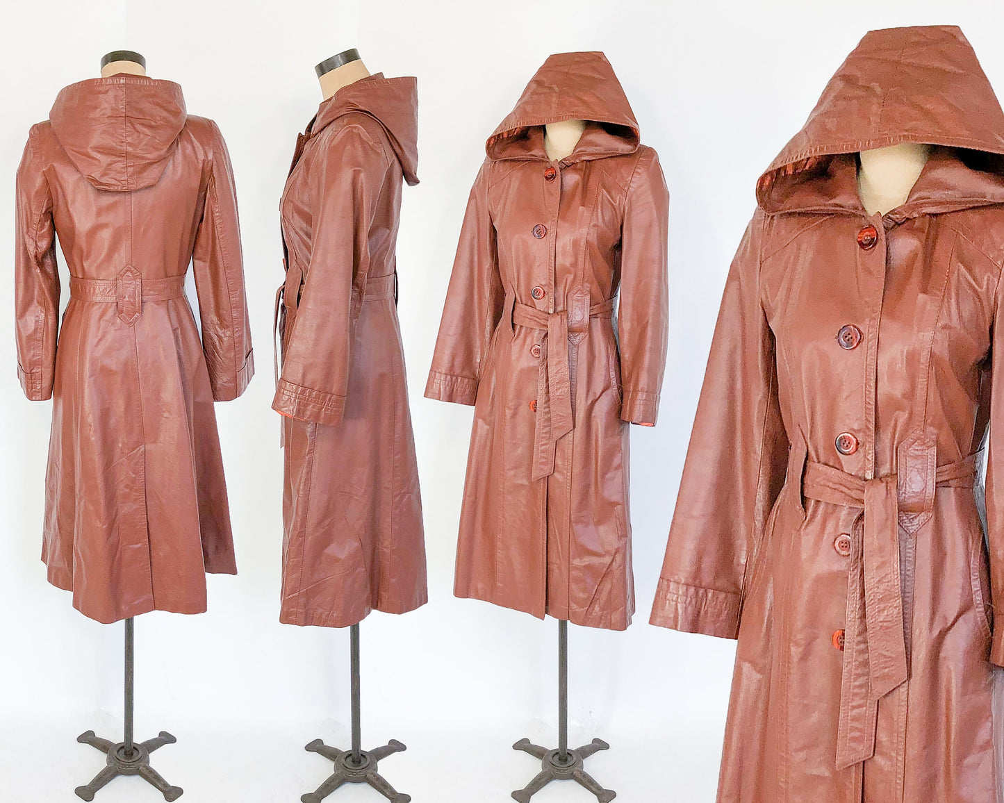 1970s Brown Hooded Leather Trench Coat | 70s Short Maroon Leather Jacket | Maroon Leather Trench Coat