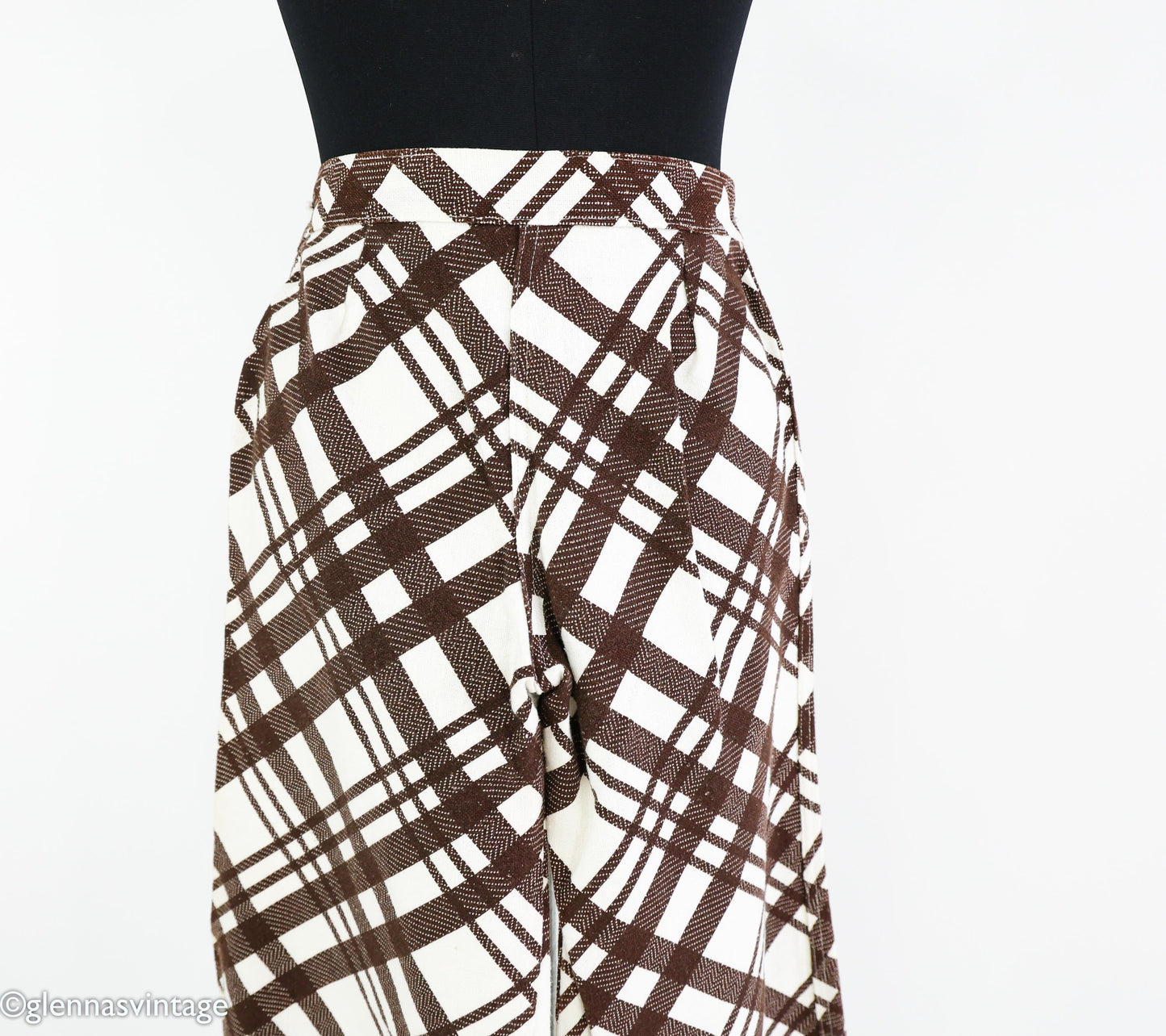 1970s Brown White Plaid Palazzo Pants, Medium