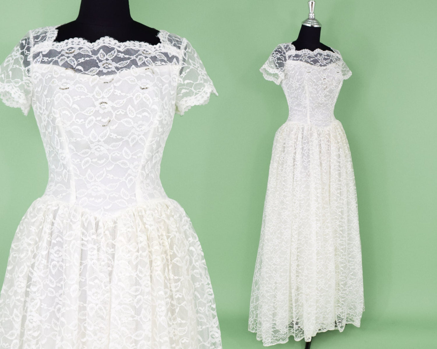 1950s White Lace Wedding Gown in Tulle & Taffeta, Extra Small