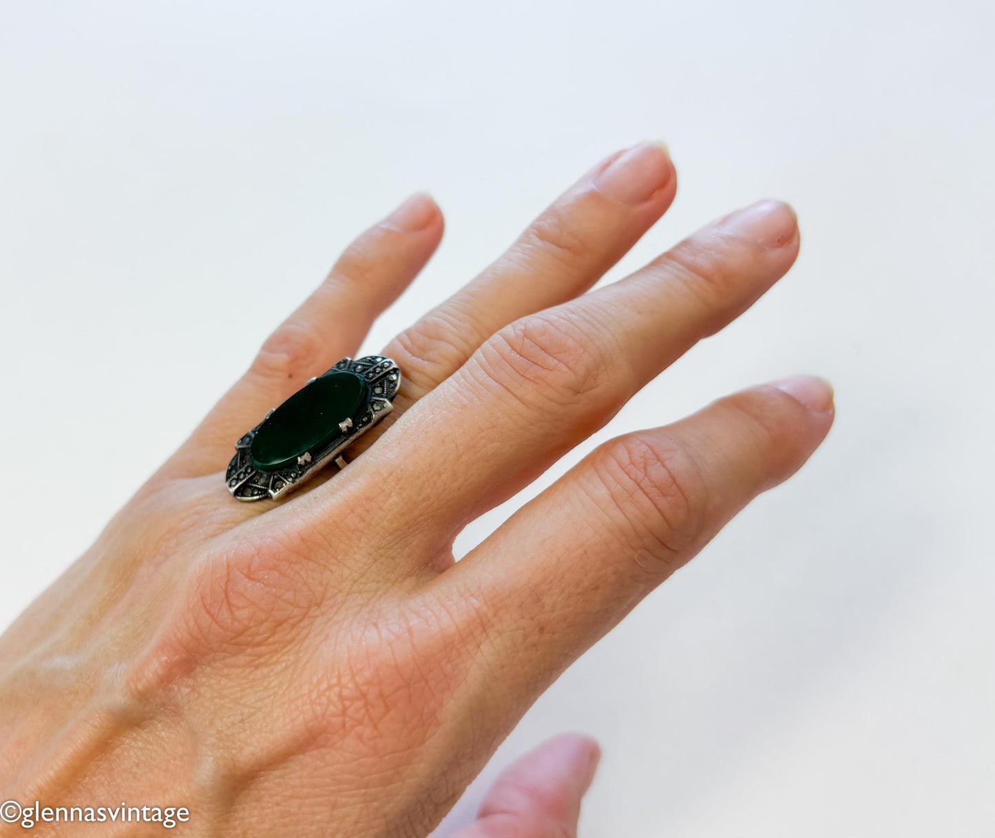 1930s Art Deco Green Onyx Sterling Silver Marcasite Ring, Size 5 3/4