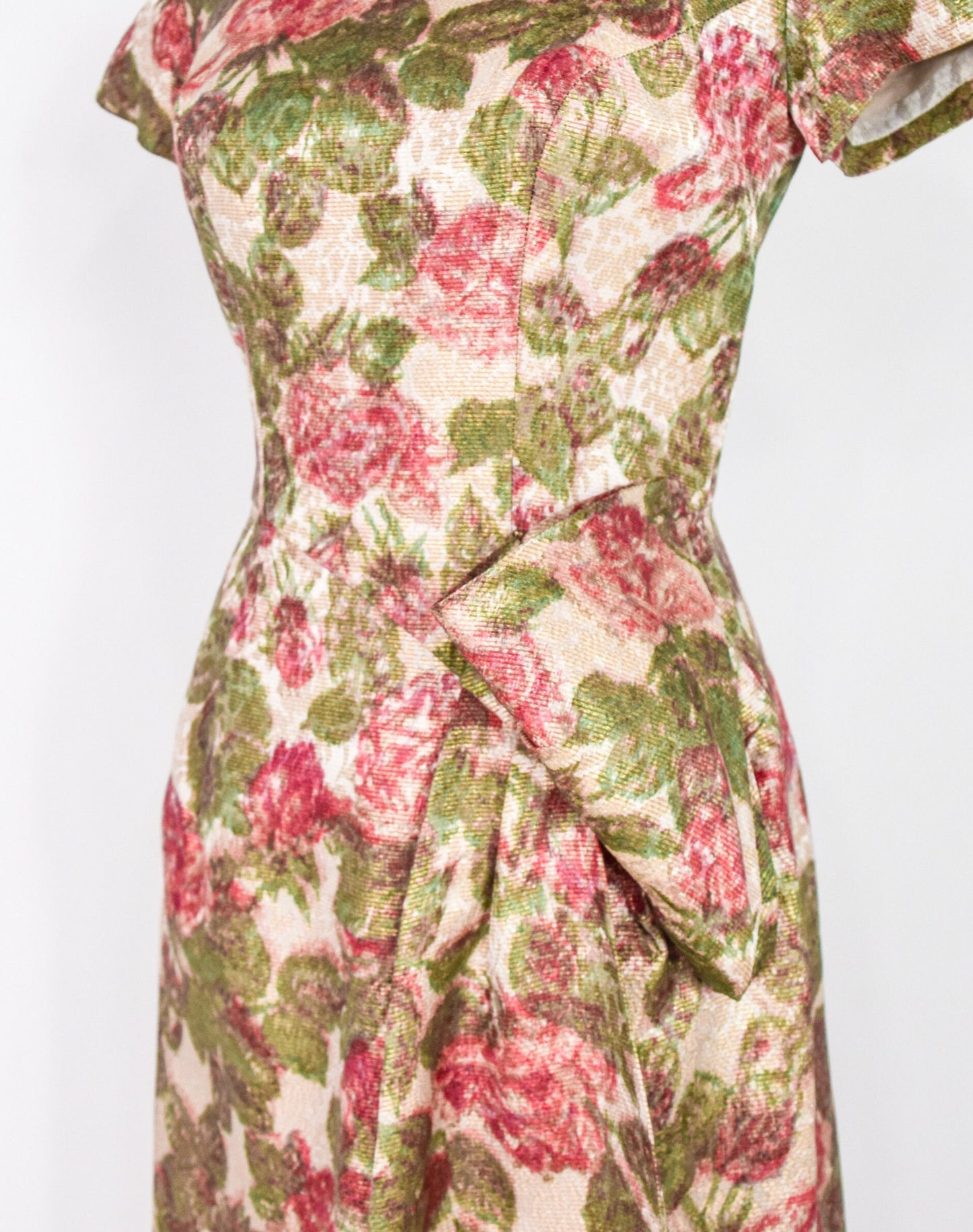 1950s Pink Green Floral Rose Print Party Dress in Brocade, Du Barry Fashion, Small